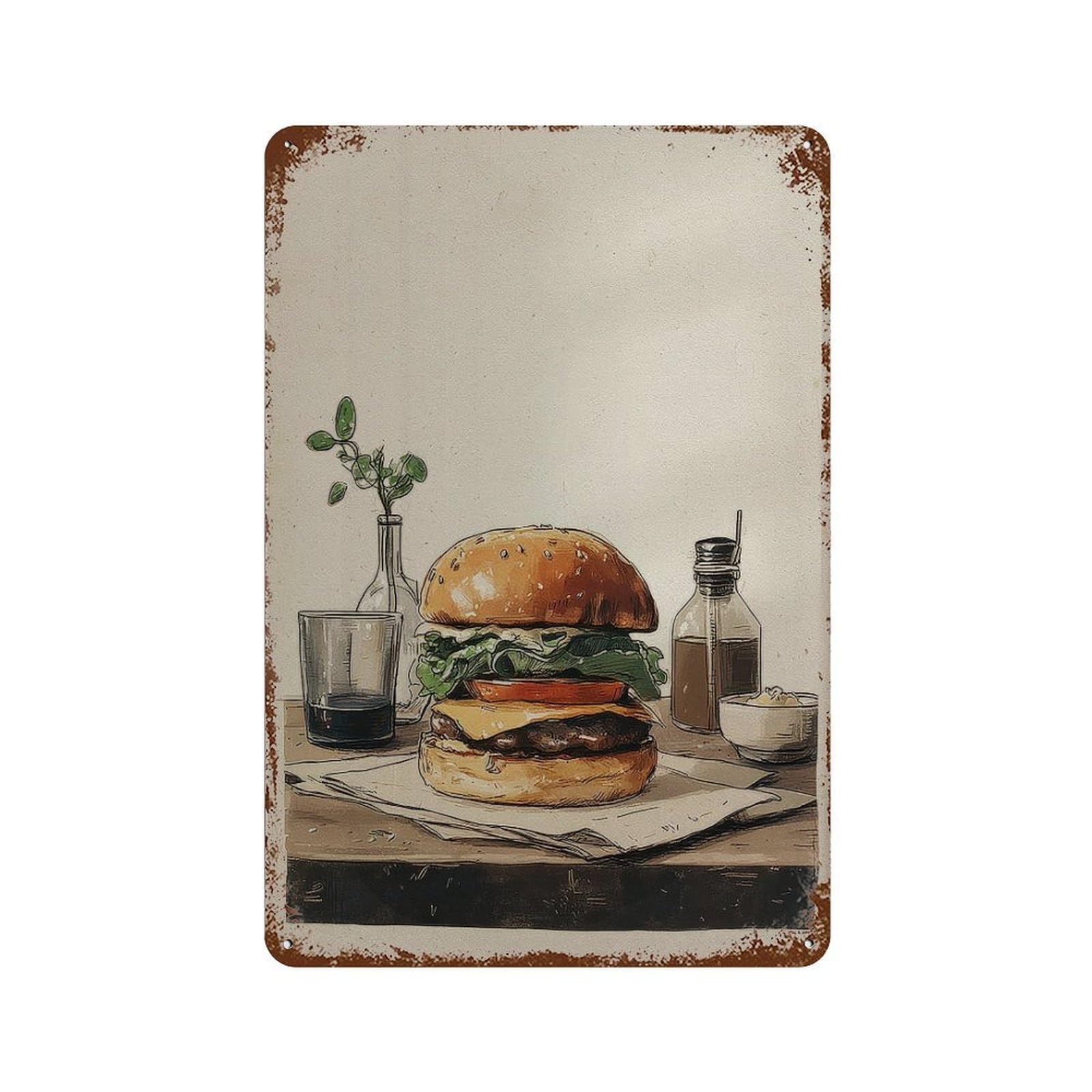 xiaoxiaoshen Kitchen Handdrawn Burger Wall Decor Art Metal Tin Poster Modern Home Decor Art Home Bar Shop Decorations Vintage Sign 30x20cm