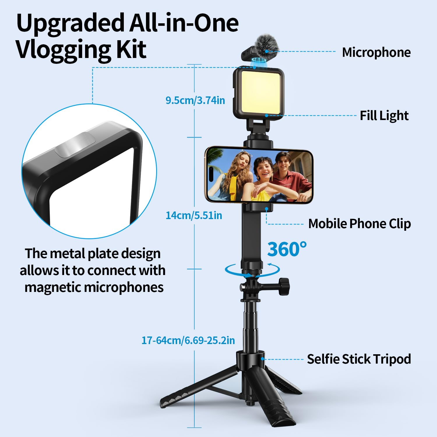 yAyusi Vlogging Kit pour iPhone/Android, Kit Youtuber Comprend Trépied 3 en 1, Lumière LED, Microphone et Housse de Rangement, Idéal pour Interviews de Rue et Enregistrement de Vlog