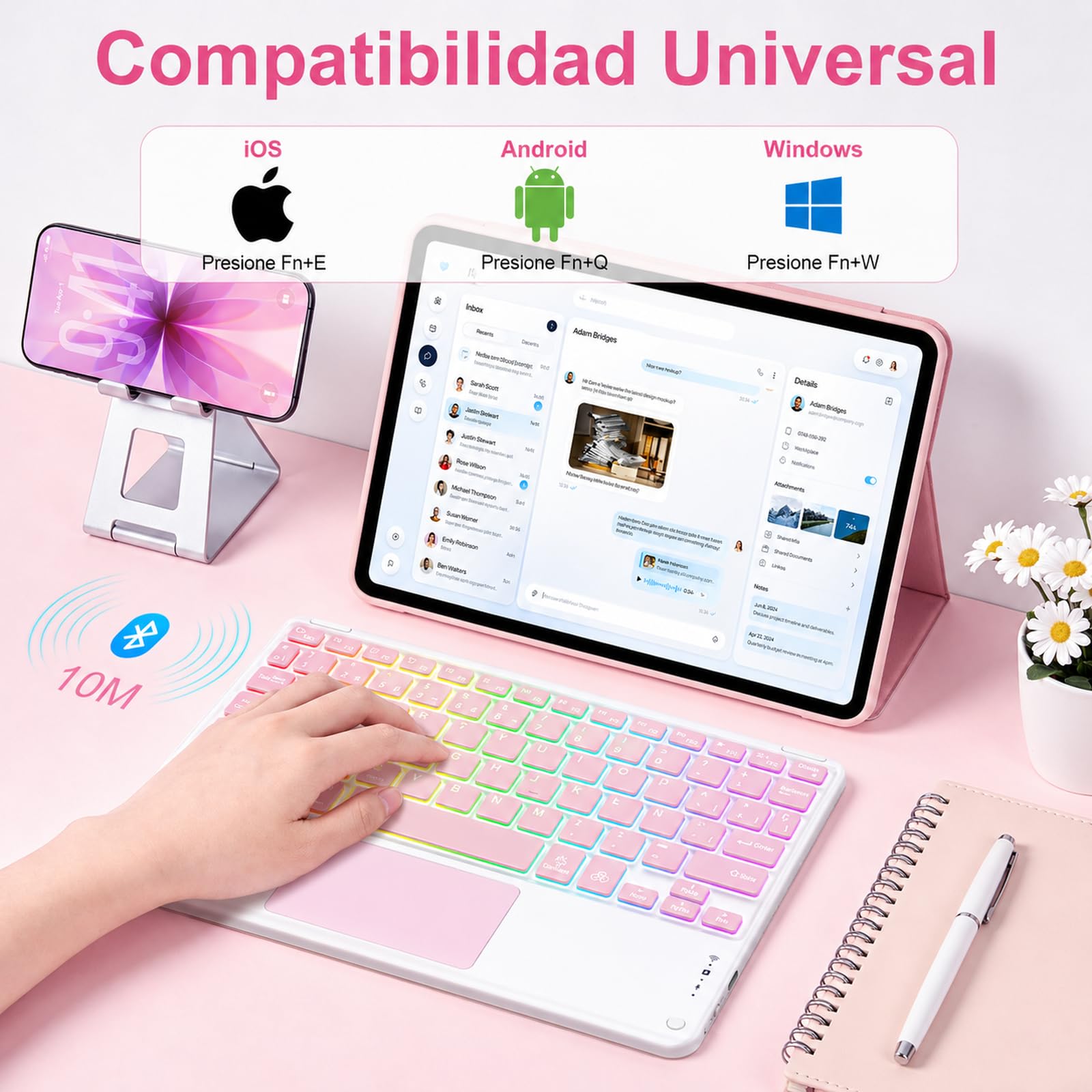 Teclado Bluetooth con Touchpad para iPad,Teclado Español Ñ Inalámbrico Retroiluminado para Tablets,Android,iOS y Windows,Teclado con 7 Colores Recargable Portátil QWERTY para iPad,Samsung,Huawei