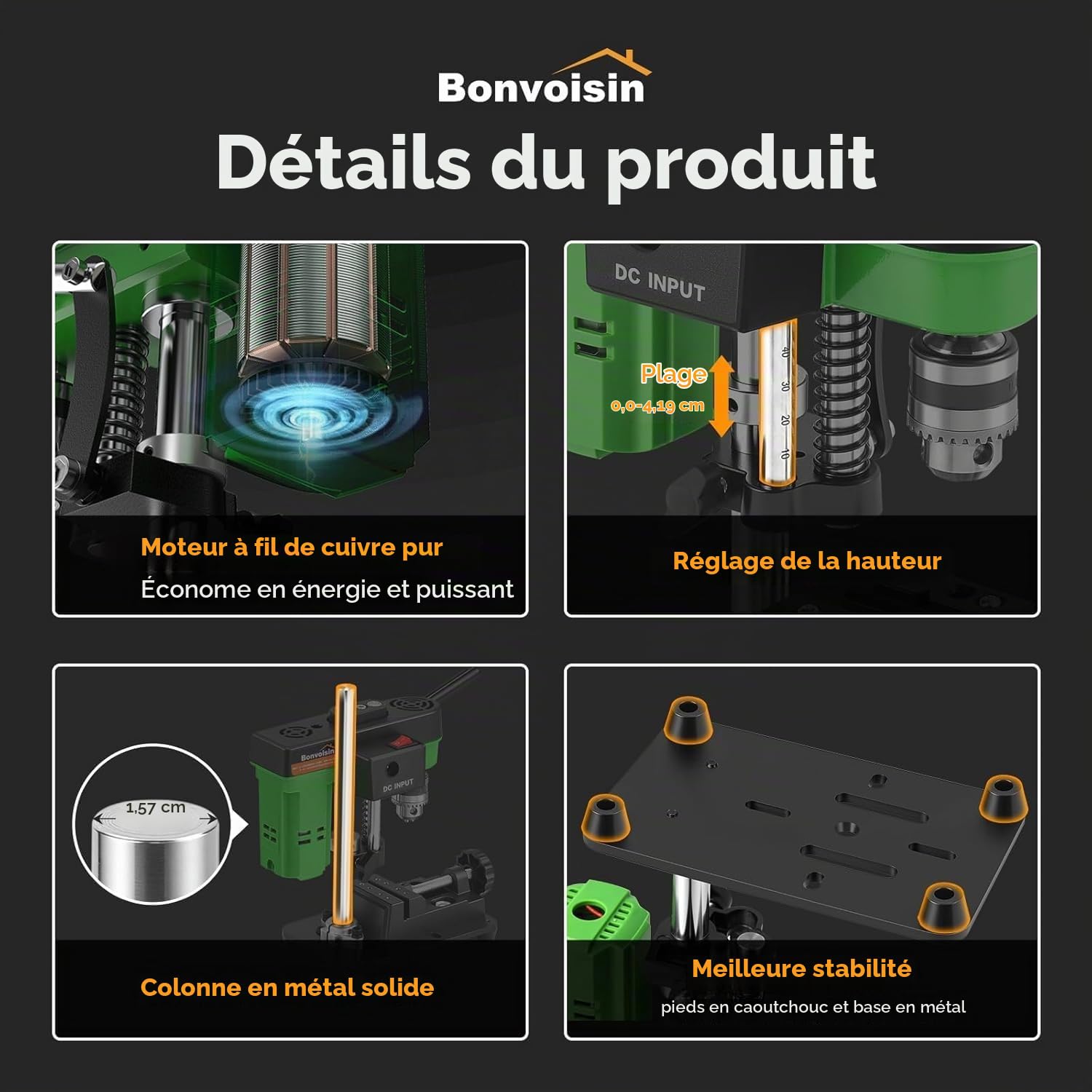 Bonvoisin Mini Perceuse à Colonne d'Établi 3415tr/min Réglable en Hauteur | Double Alimentation, Mandrin 0,02"-0,24", Hauteur Réglable 0-1,65", 3415tr/min, Moteur Cuivre, Pour Bois/Métal/Plastique