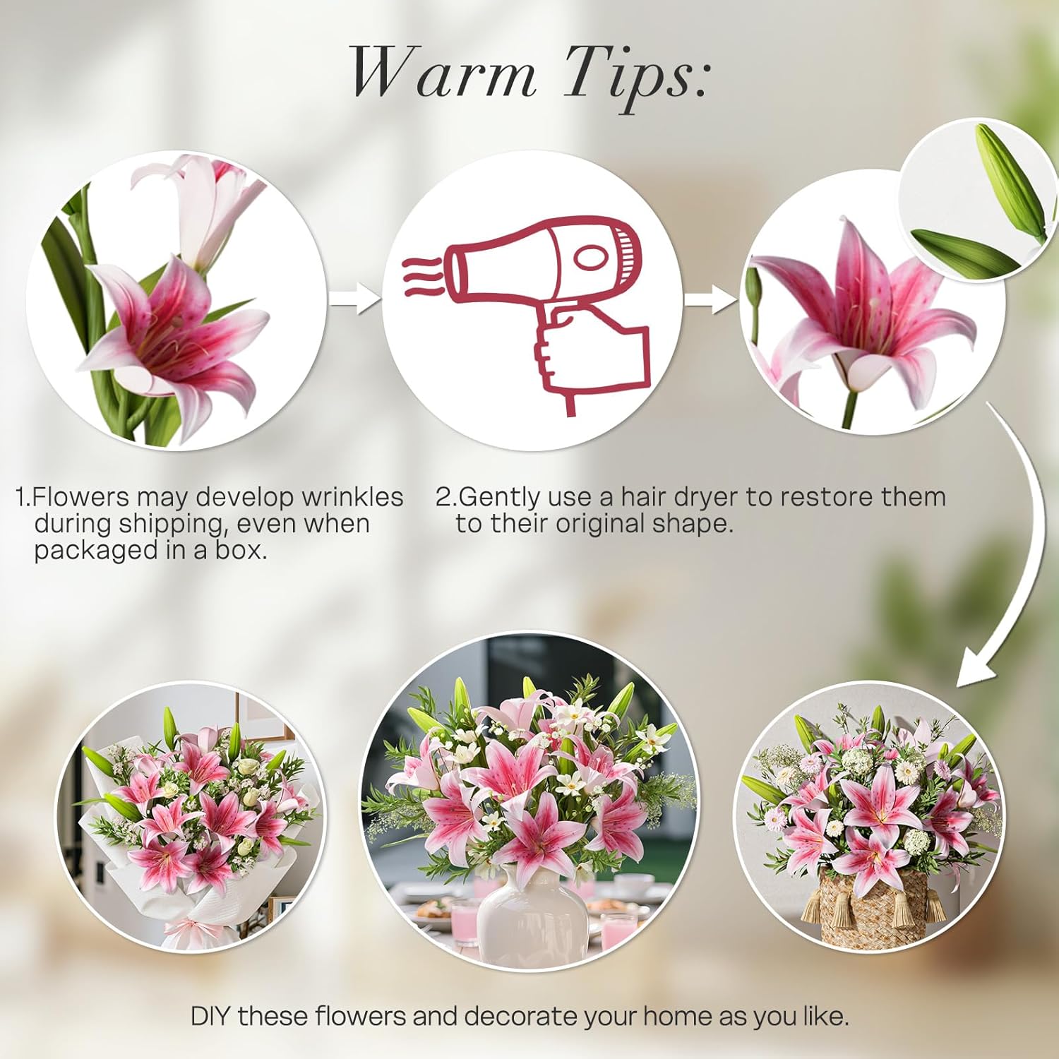 6PCS Artificial Lilies Set with 12 Heads Fully Bloomed Lilies and 6 Buds, Short Stem Real Touch Artificial Flowers for Home Hotel Flower Arrangement Party Decor (Pink)