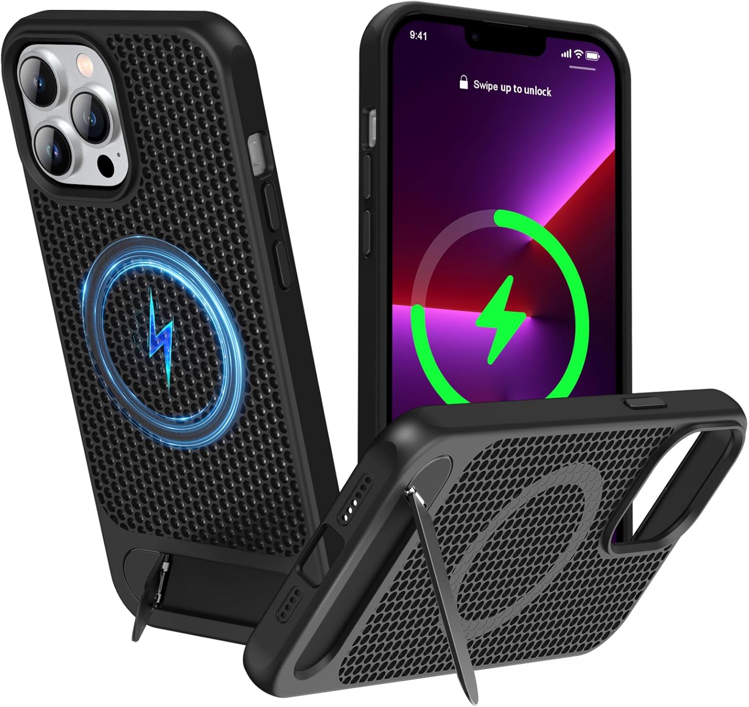 for Magnetic Heat Dissipatio case for iPhone 13 Pro, for MagSafe, Cooling Drop Protection, Adjustable Kickstand case, Ice Armour Cool Matte Material - Black Black iPhone 13 Pro