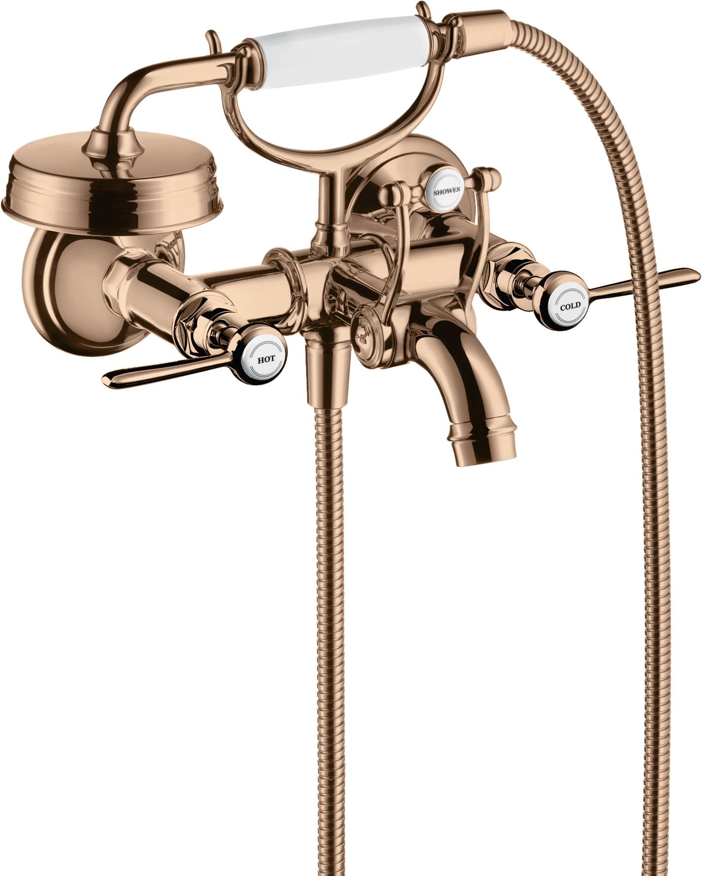 hansgrohe AXOR Montreux Mezclador de 2 manijas para bañera, de superficie, con manijas de palanca, proyección 220mm, 16551300, Color: Polished Red Gold