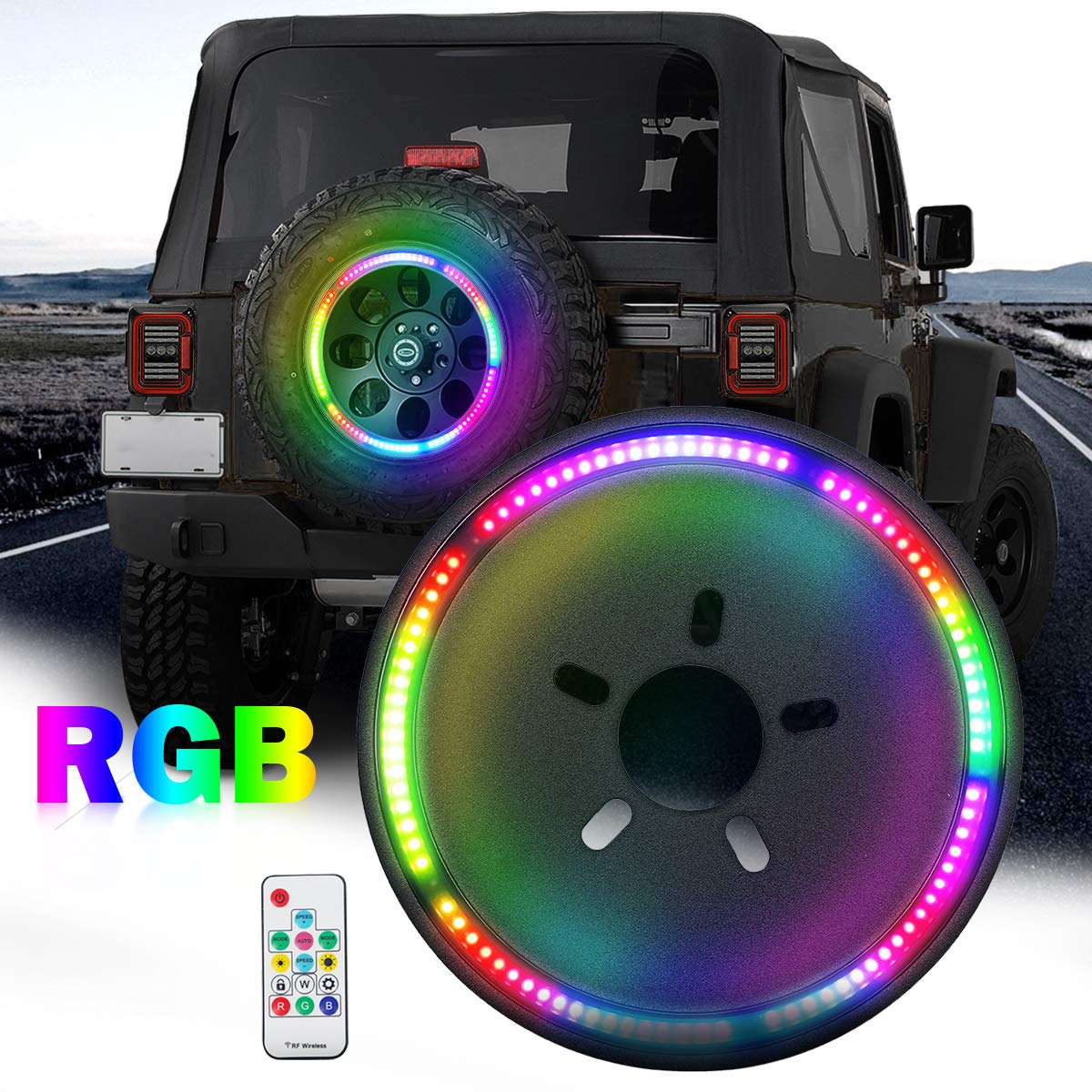 RGB Third Brake Light, RGB Spare Tire Lights with RF Wireless Remote Controller Compatible with Jeep Wrangler JK JKU 2007-2018, YJ TJ LJ 1987-2018 and JL 2018-2020 Cool Decoration RGB Brake Light