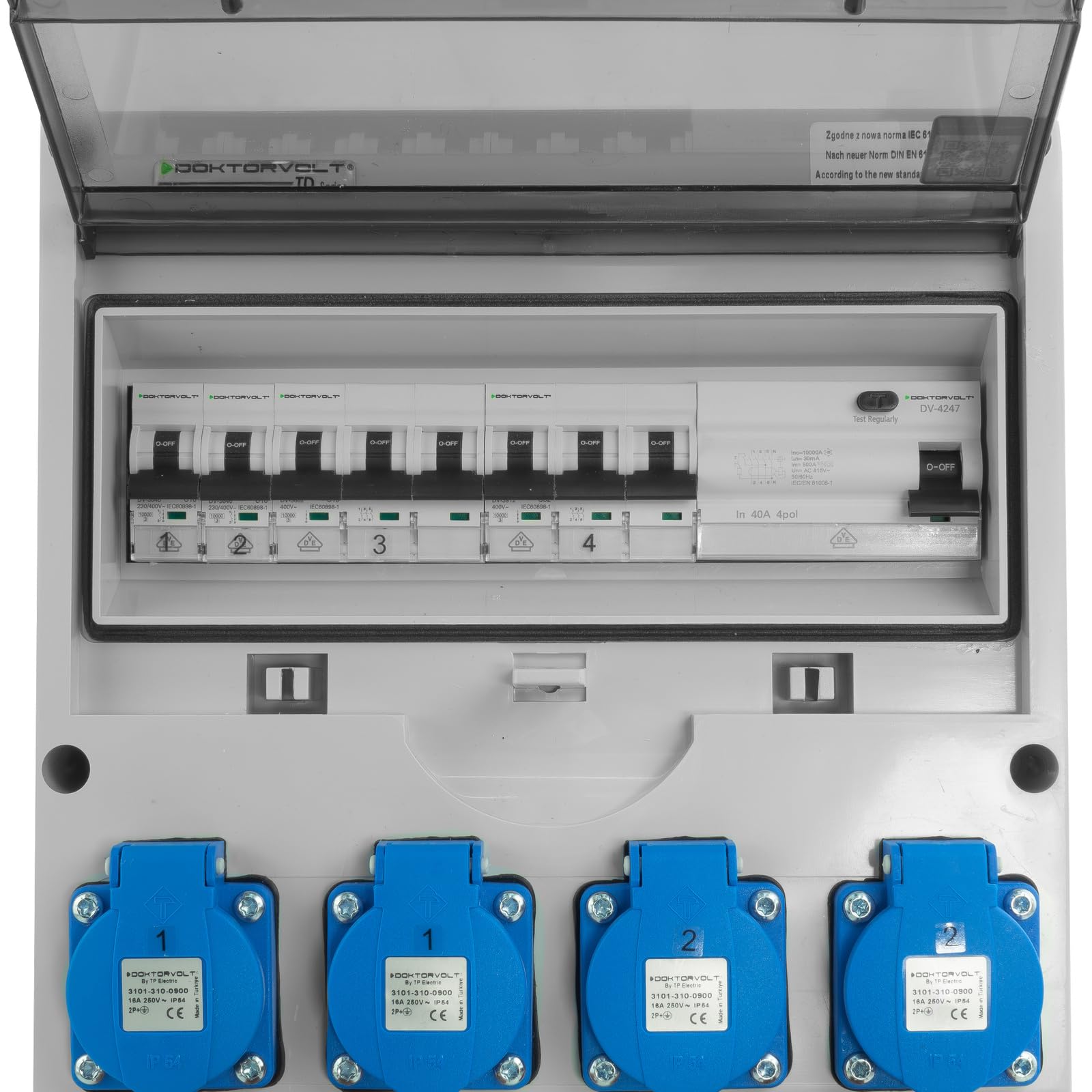 Doktorvolt Stromverteiler Baustromverteiler Wandverteiler Steckdosenverteiler FI-Schalter LS-Schalter TGD-S/FI 32A/16A 4x230V