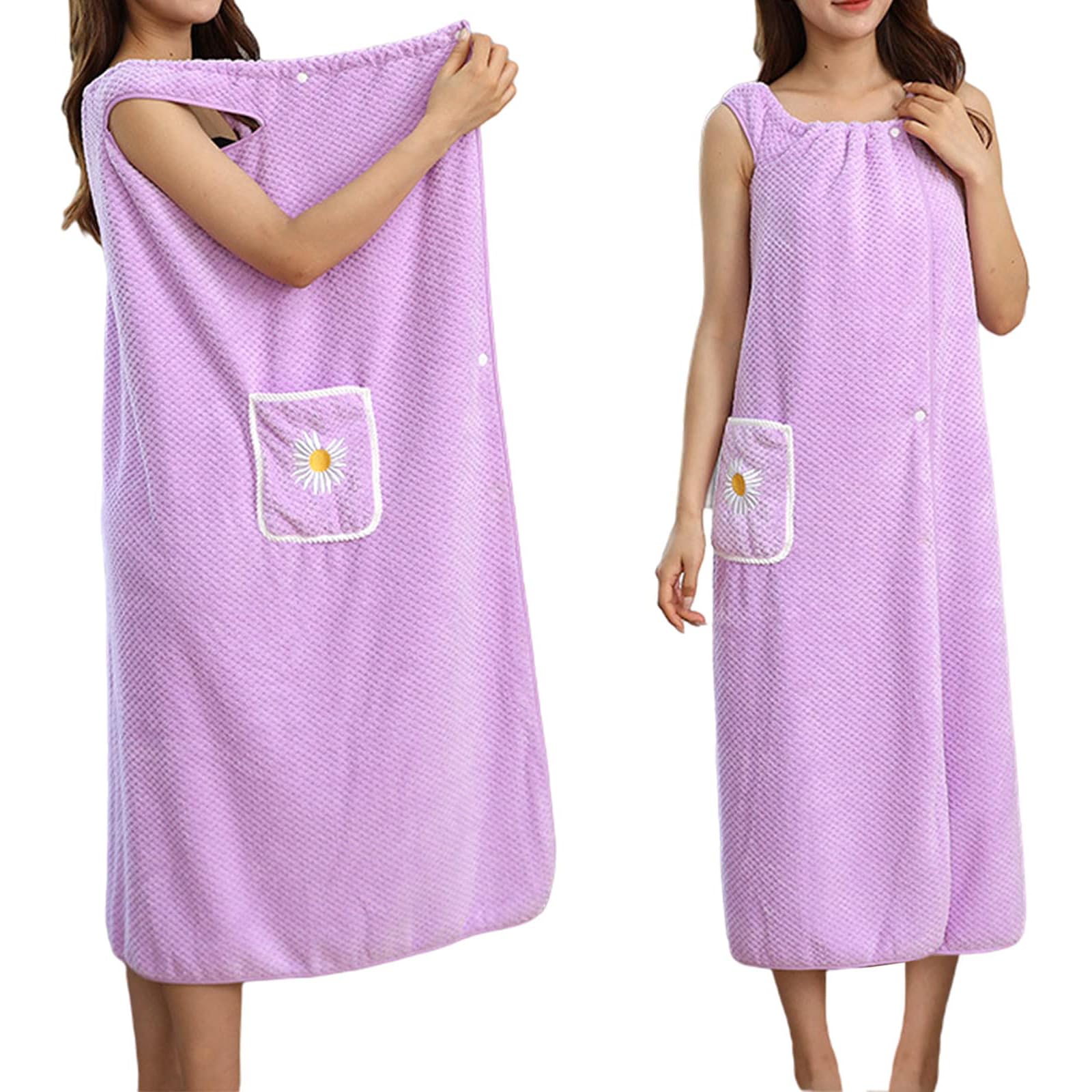 CERAVI Water Absorbent Quick Dry Portable Bath Towel, Women's Coral Fleece Bathrobe with Straps Beach Spa Wrap Shower Wearable Bath Body Towel Robe, for Home/Dorm (Purple,M)