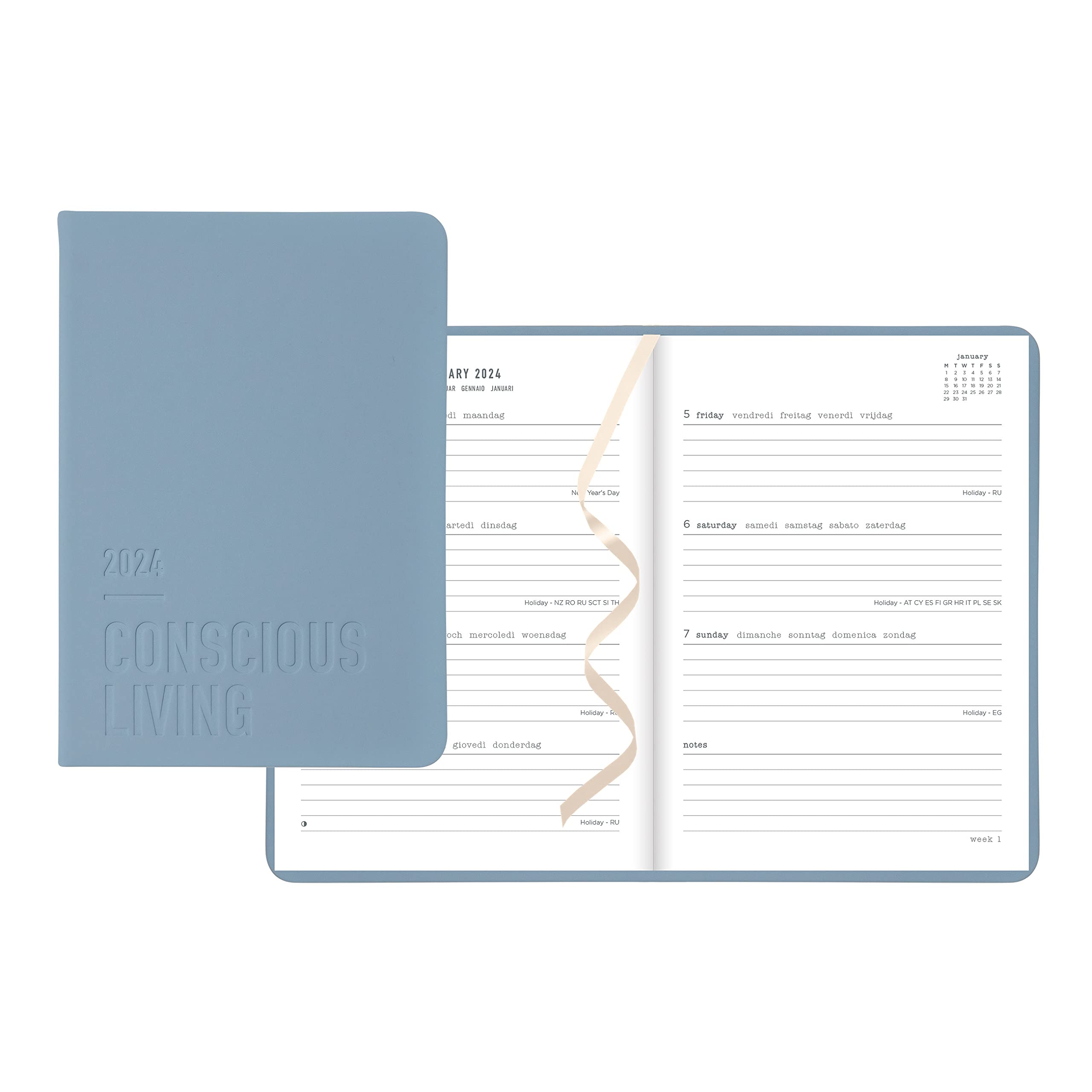 Letts of London Conscious Weekly/Monthly Planner, 12 Months, January to December, 2024, Sewn Binding, A5 Size, 8.25" x 5.875", Multilingual, Ocean (C082398-24)