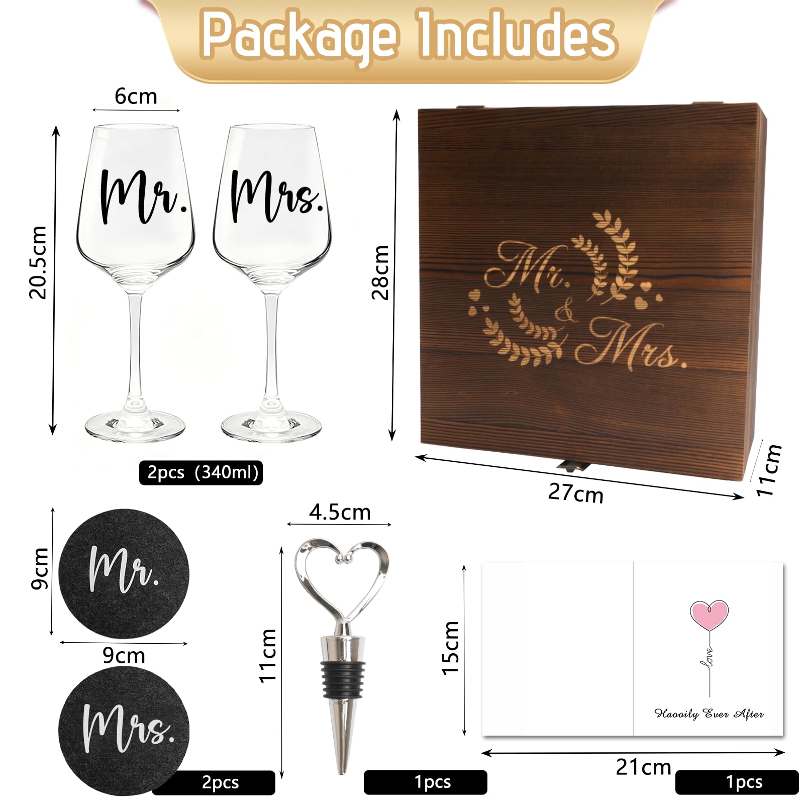 Regali di nozze per coppia di sposi Mr & Mrs, 2 bicchieri da vino con incisione e 1 chiusura del vino e 2 sottobicchieri, regalo di fidanzamento personalizzato in scatola di legno, regalo per