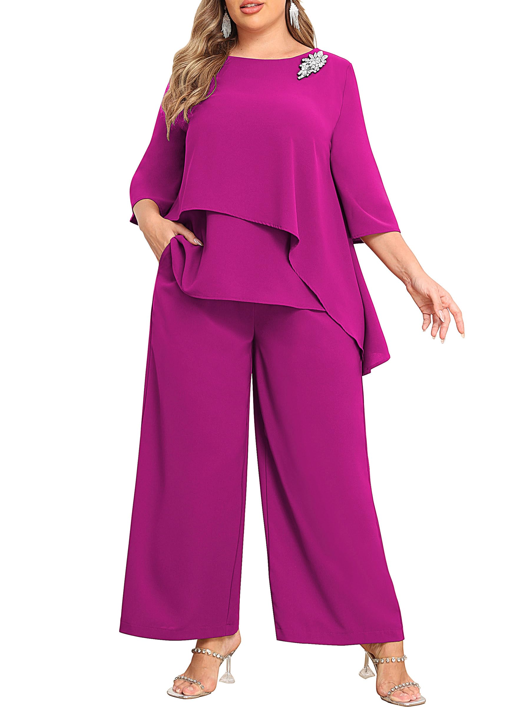 AOVDE Plus Size Pant Suits Mother of Bride Dressy Pant Suits 2 Piece Outfits with Pockets for Women