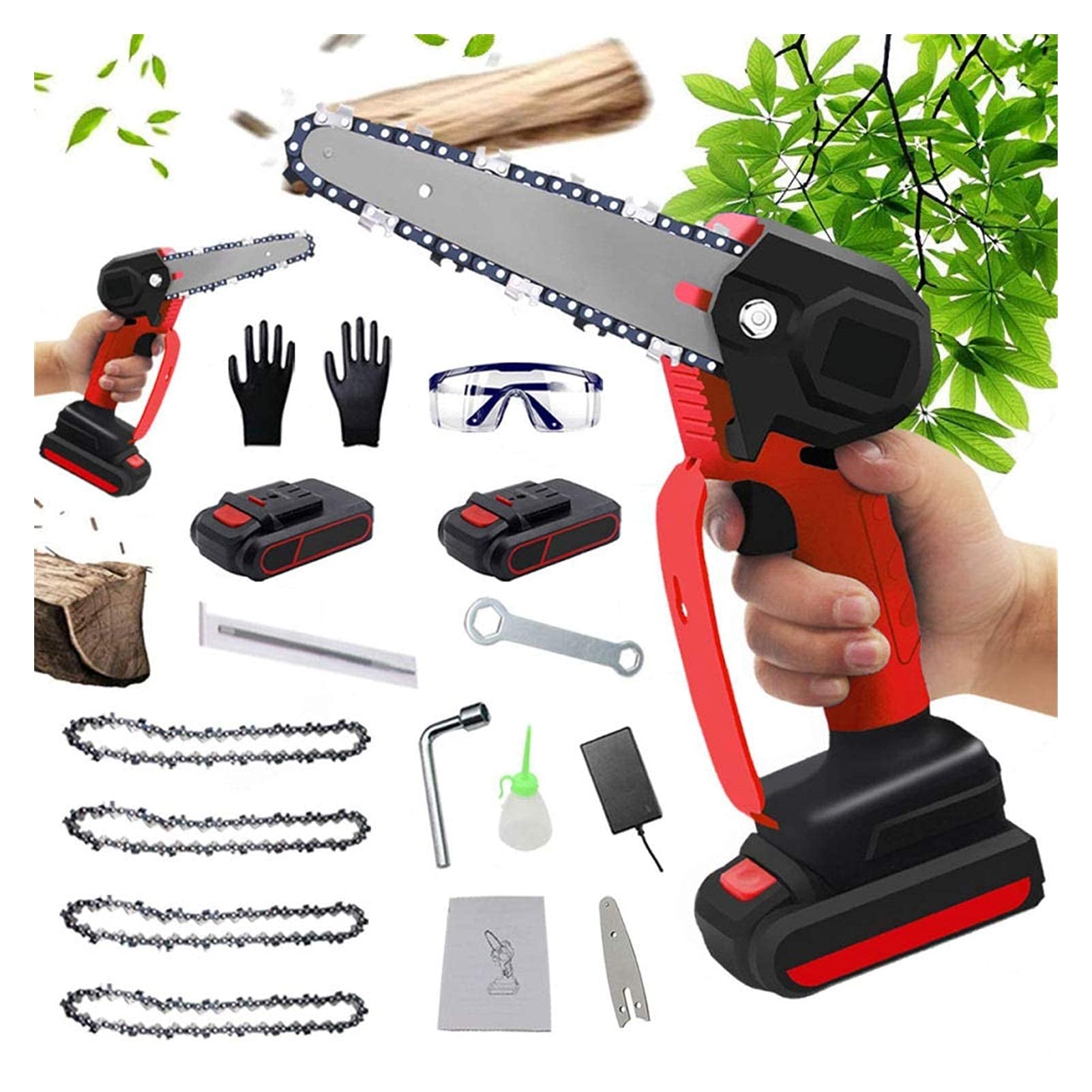 Sierras de cadena inalámbricas Sierra de mano portátil eléctrica de 6 pulgadas con batería recargable Cortador de ramas de madera Herramienta de jardinería para el hogar mini motosierra (Rojo)