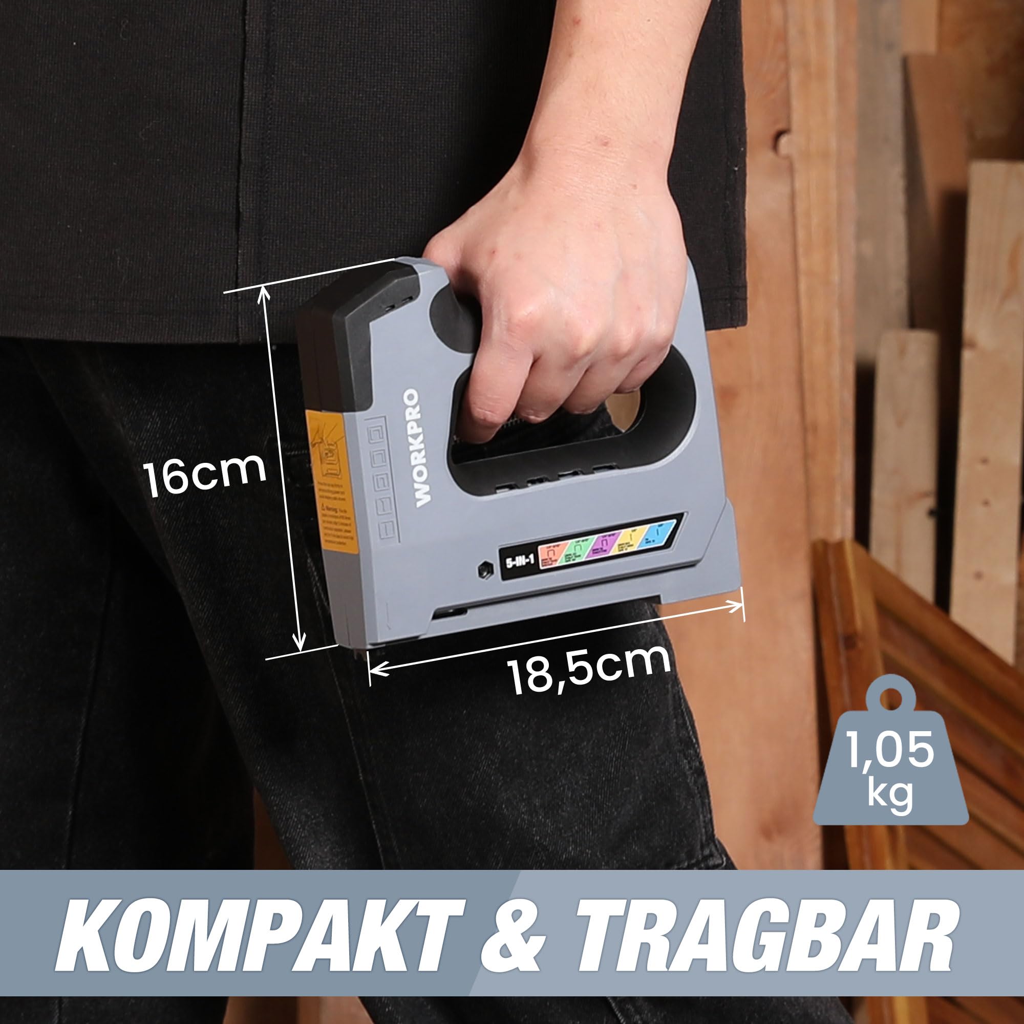 WORKPRO 5-in-1 Elektrotacker 3,6V, Akku Tacker Nagelpistole mit 2000mAh Batterie, Heavy Duty Elektronagle für JT21,T50,T20,BN18,PIN inkl. 2000 Klammern & Nägel, Ideal für Dekoration, Möbelbau