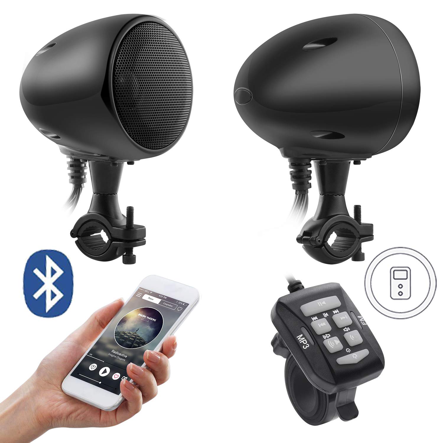 iMESTOU Sistema Audio per Moto 4 Pollici Bluetooth Altoparlanti Stereo Impermeabile 300 W Classe D AUX MP3 Amplificatore Integrato Fit per 1-1.25 Pollici Manubrio Moto ATV UTV