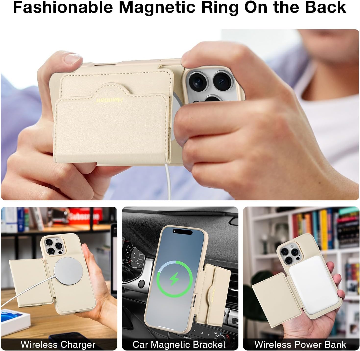 Hanman for iPhone 16 Pro Max Wallet Case with Card Holder,Microfiber PU Leather Kickstand Card Slots Case,Unique Lightweight Magnetic Wallet Protective Case for iPhone 16 Pro Max-Beige