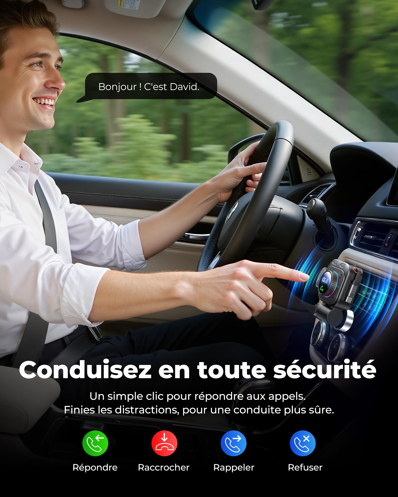 LENCENT Transmetteur FM Bluetooth 5.4, Chargeur Rapide Max 72W avec Câble Extensible, Musique Hi-FI, Anti-Bruit, Main Libre, Rotatif à 180° pour iPhone 17/16