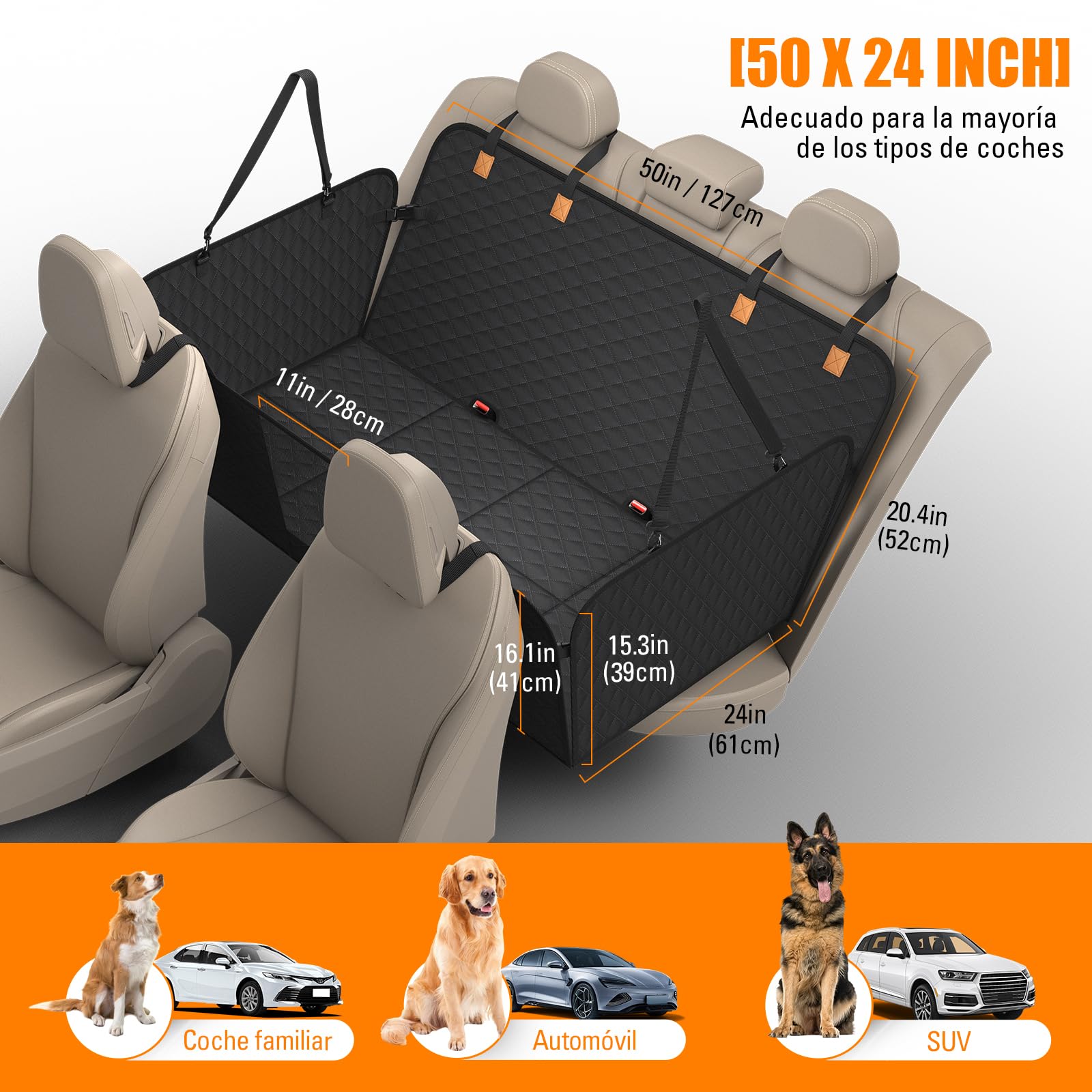 Protector Coche Perros Asiento Trasero [127x62cm],Funda Coche Perro,Impermeable, Antideslizante, Base Rígida (136kg) - SUV y Familiares - Incluye Bolsillo y Malla