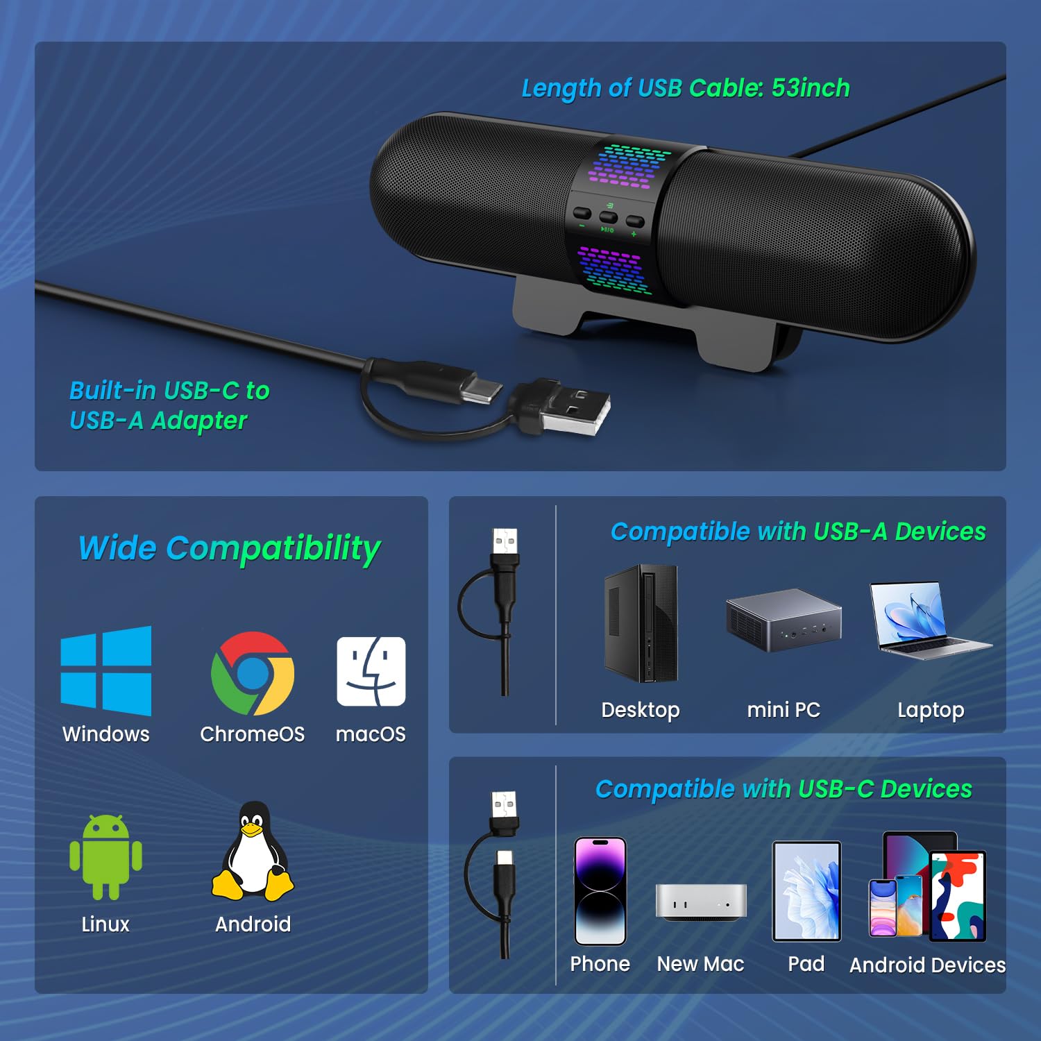BESTISAN Altoparlante per computer, connessione USB A/C Bluetooth 5.3/cablata, 6 modalità di luce RGB, soundbar da gioco per PC/laptop/desktop, adattatore USB A/C, suono forte, si attacca facilmente