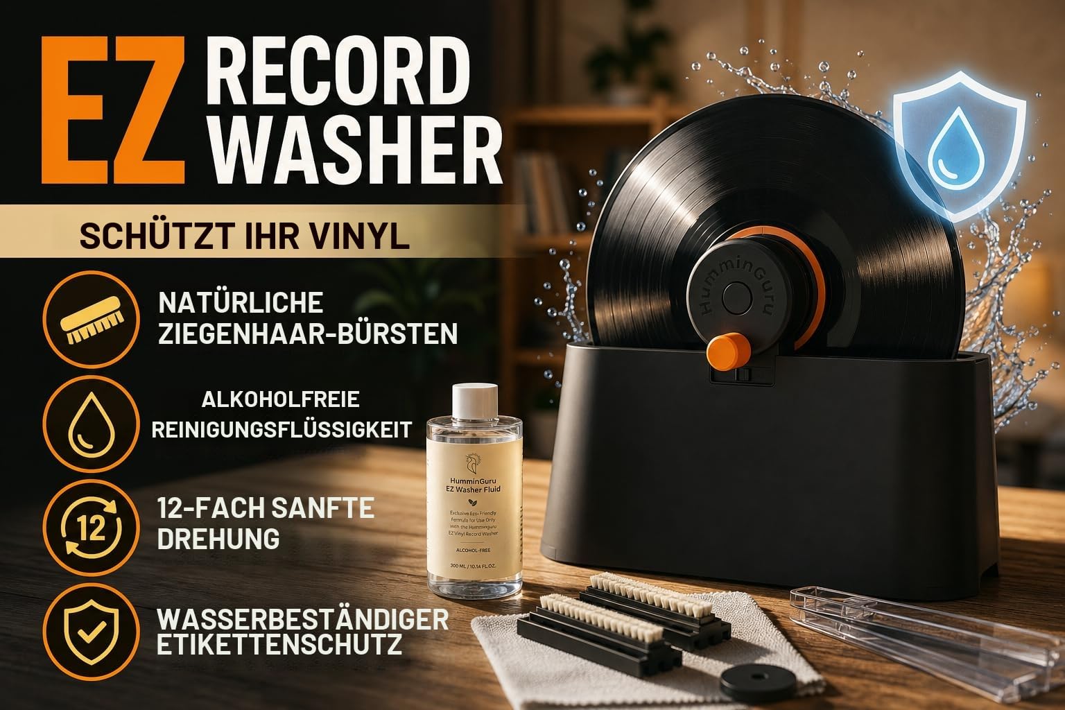 HumminGuru EZ Schallplattenwascher, Manuelle Schallplattenreiniger-Maschine mit Müheloser LP-Rotation & Sicherer Klemme, Schallplattenreinigungsset mit Ziegenhaarbürsten, Fluid, Trockengestell & Tuch