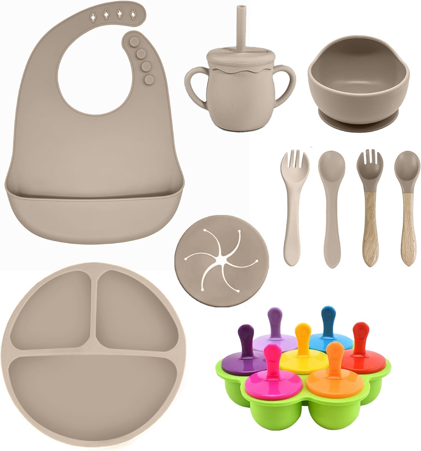 Silicone Baby Feeding Set 19 PCs, Toddler Suction Plates & Bowls with Bib, Straw Cup, Utensils, Popsicle Mold, First Stage Solid Food, Dishwasher Safe, Baby Food Essentials 6-12 Months, Beige