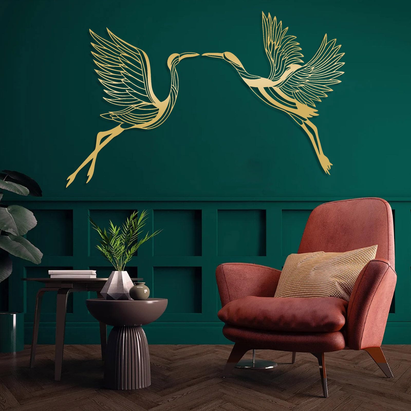 Conjunto de 2 grullas decorativas de pared de metal abstracto contemporáneo, arte, decoración artística, letrero de pájaros volando, bandada, hogar interior y exterior (76 x 122 cm, plateado)