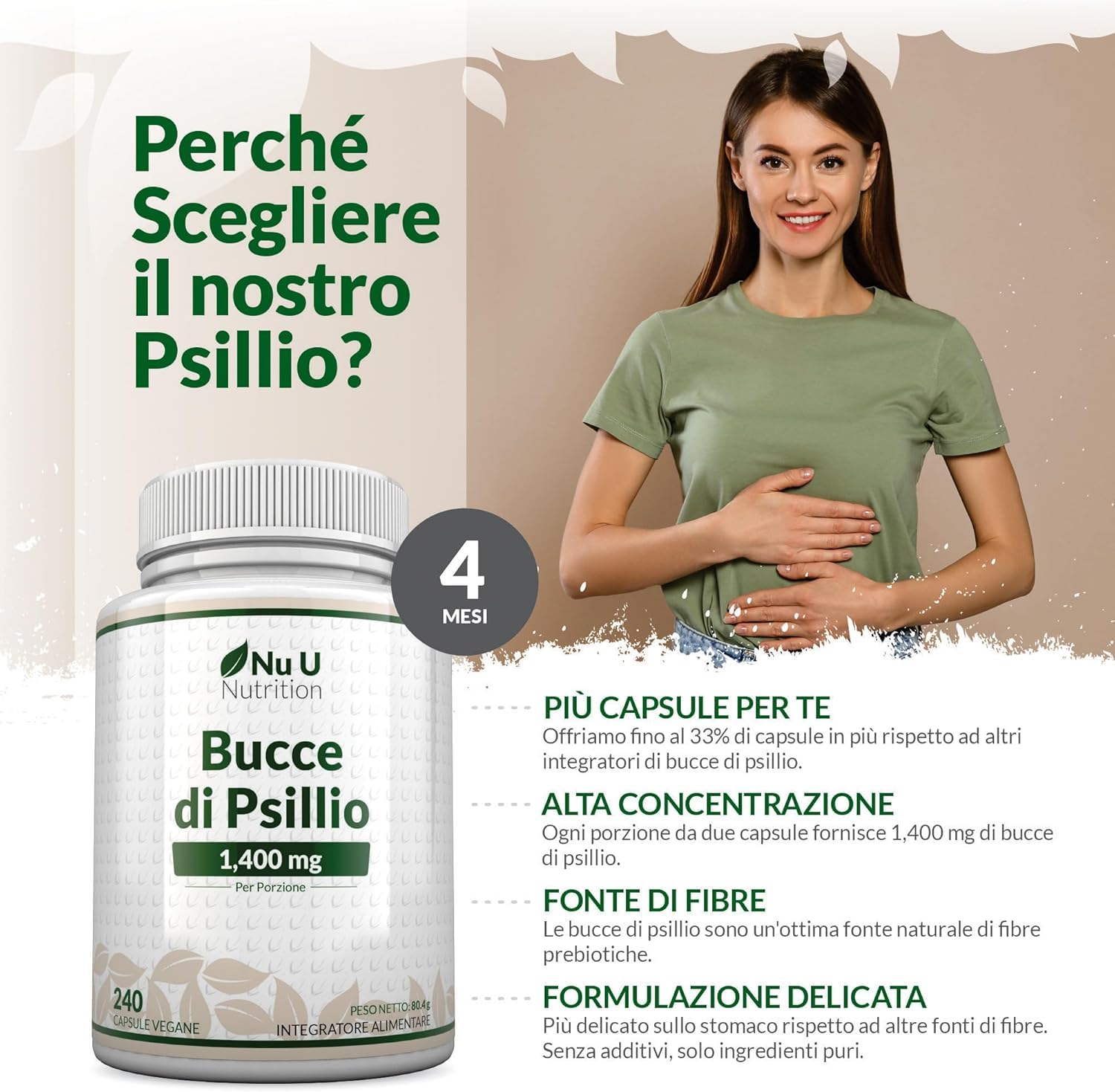 Bucce di Psillio Alto Dosaggio 1400mg - 240 Capsule Vegane - 4 Mesi di Fornitura - Prebiotico Naturale Psyllium Husk - Integratore Ricco di Fibre - Prodotto in Europa - Nu U Nutrition