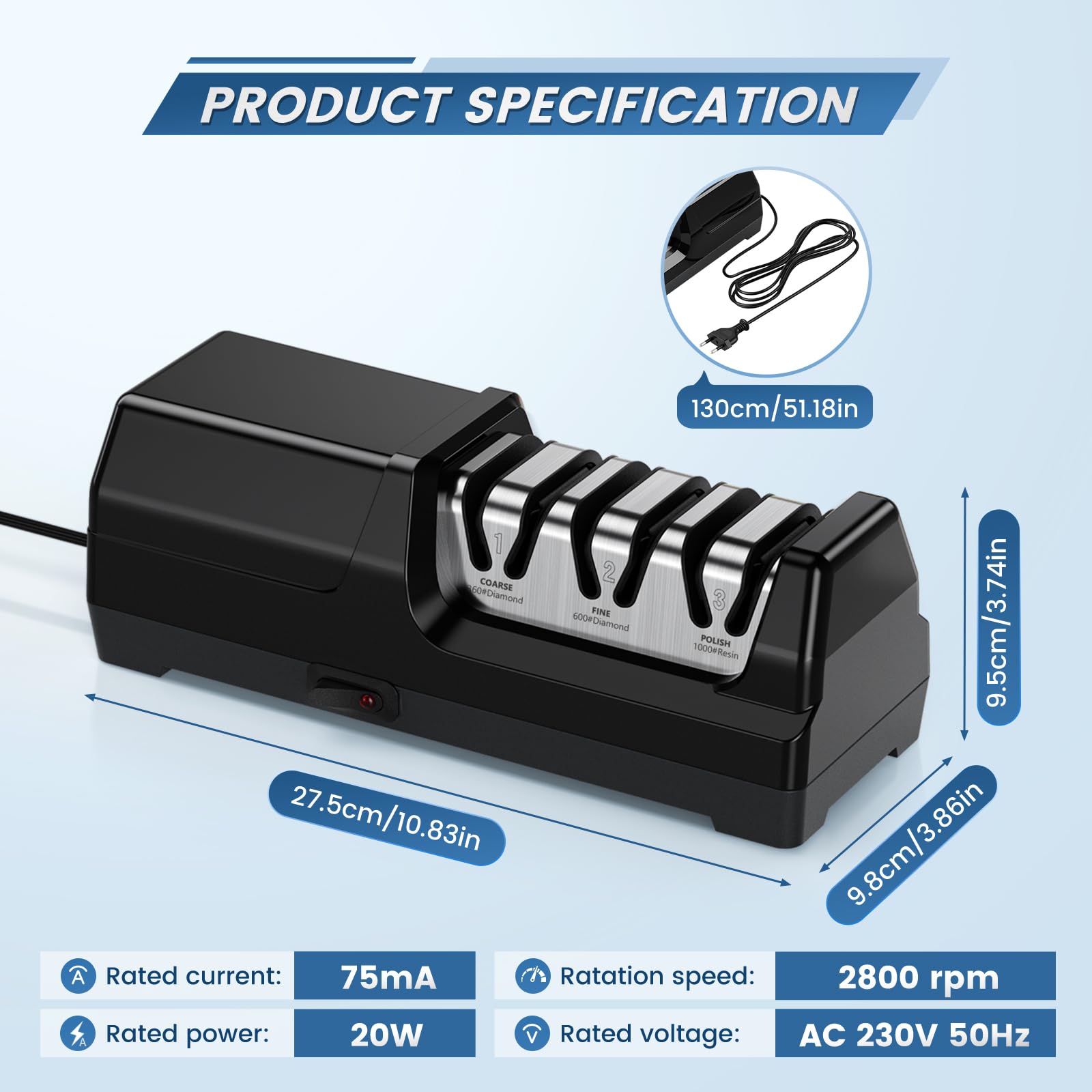 Affilacoltelli elettrico con diamante al 100%, affilacoltelli da cucina professionale a 3 livelli, 20 gradi, con guida angolare di precisione per sciliare, riparazione (Nero)