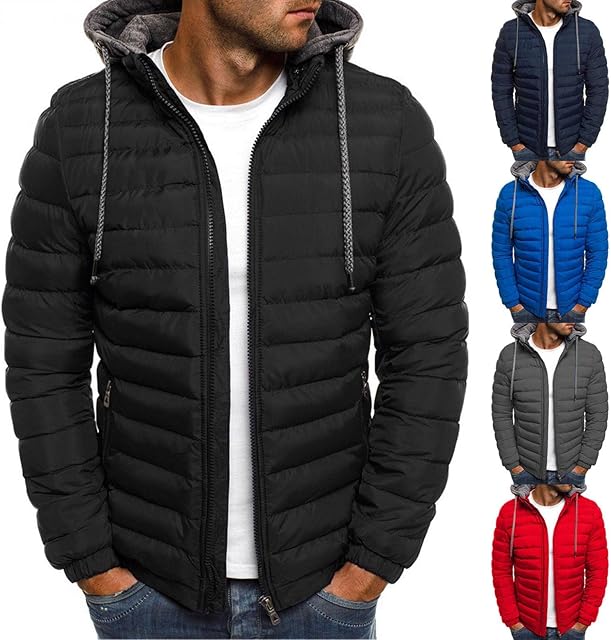 Men Lightweight Hooded Down Jacket Full Zip Puffer Coat Winter Warm Down Jacket Cotton Padded Casual Parka Quilted Windproof Varsity Snowboarding Jackets