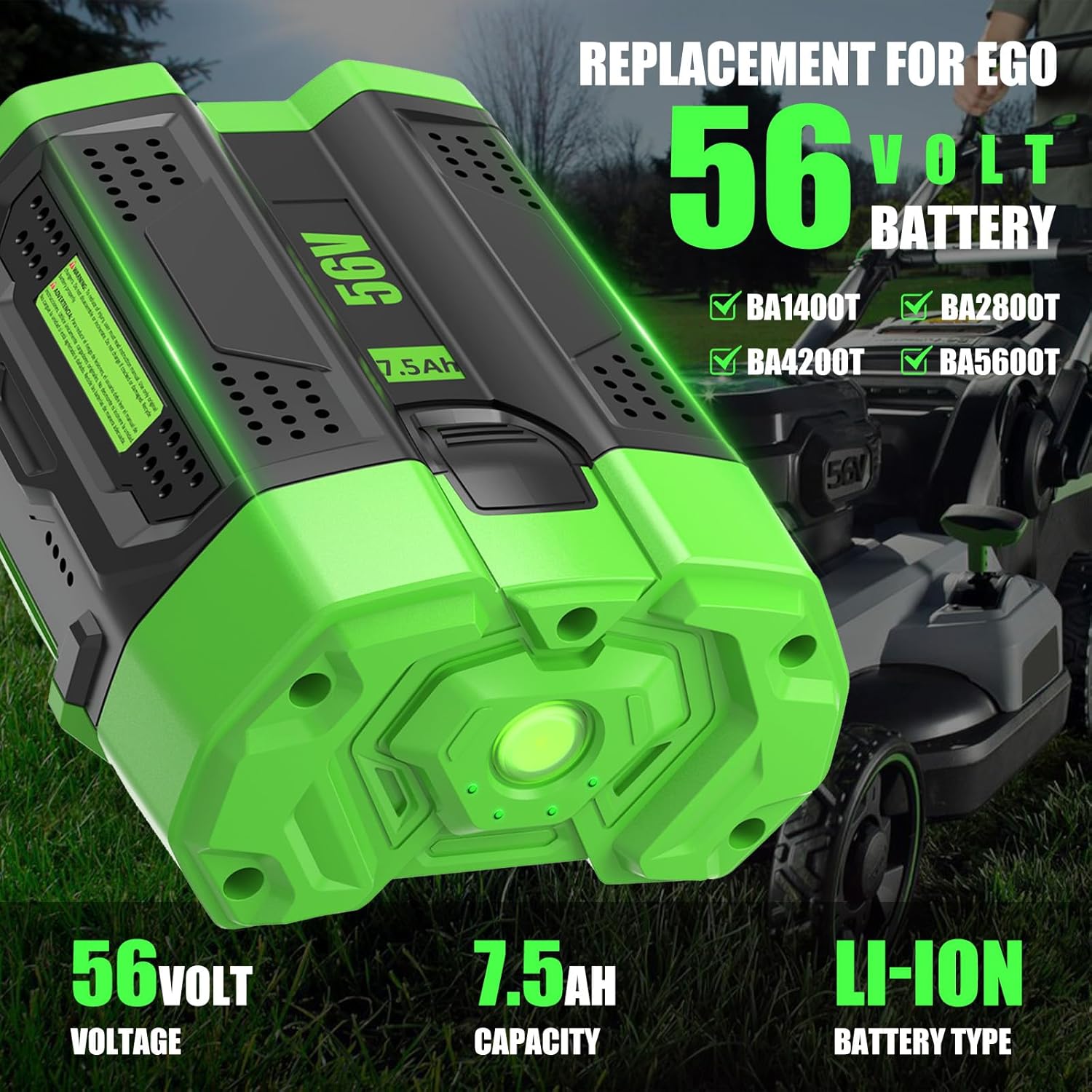 1 Packs 7500mAh 56 Volt Lithium ion Battery Replacement for EGO Batteries Compatible with EGO 56V Battery BA1400T BA1400 BA2800T BA2800 BA4200T BA4200 BA5600T BA5600 BA2242T BA3360T BA4480T(Black)