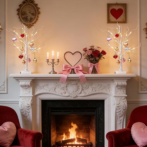 Miniatura 2 de Paquete de 2 árboles de abedul iluminados para decoración del día de San Valentín con adornos en forma de corazón, USB y pilas, árbol artificial
