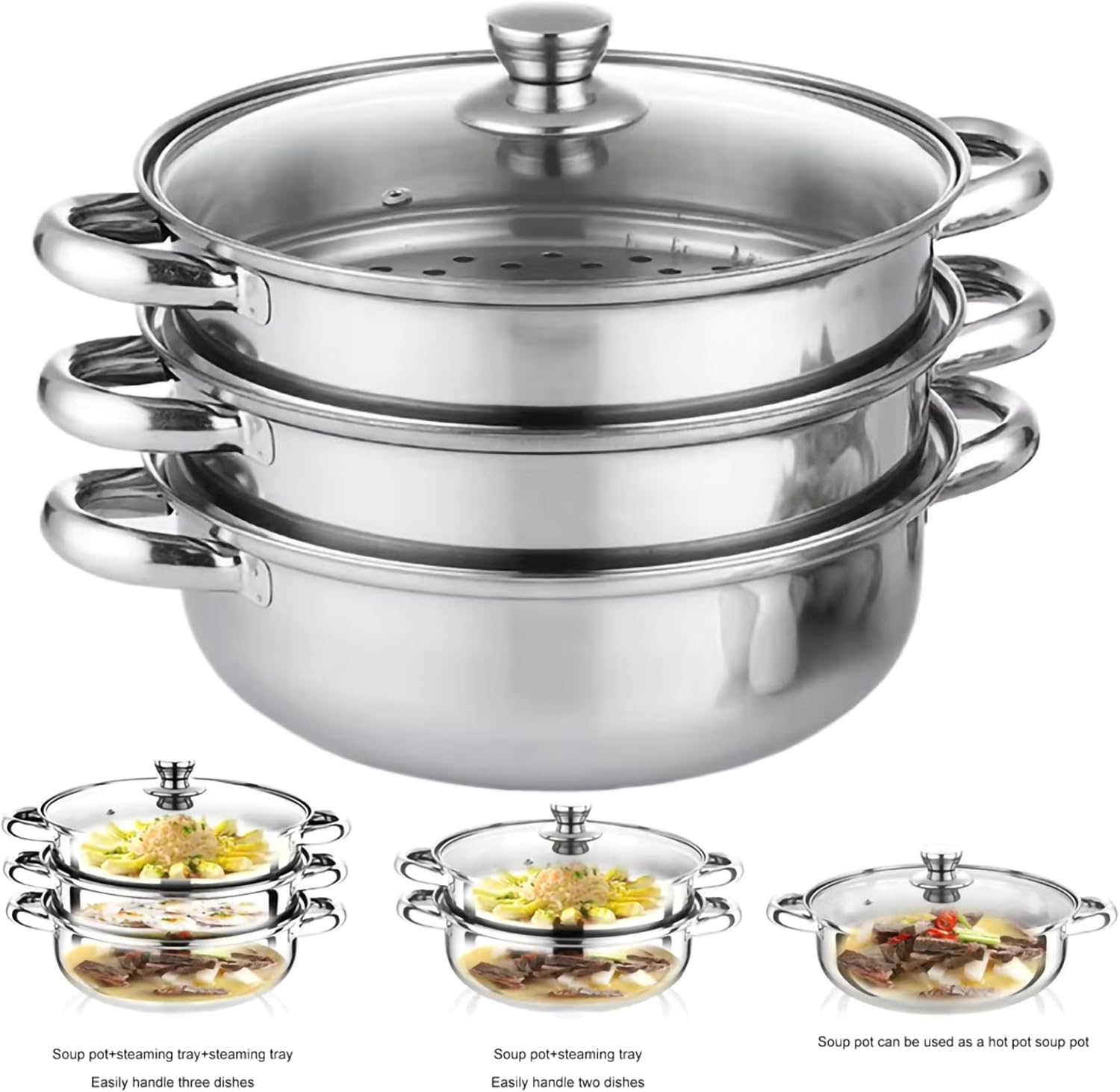 3 Tier Steamer Pot, Stainless Steel Food Steamer, Pot Diameter: 28cm+ Visible Lid + Stainless Steel Steaming Sheets, for Gas Stove, Induction Cooker, Electric Stove,Metallic