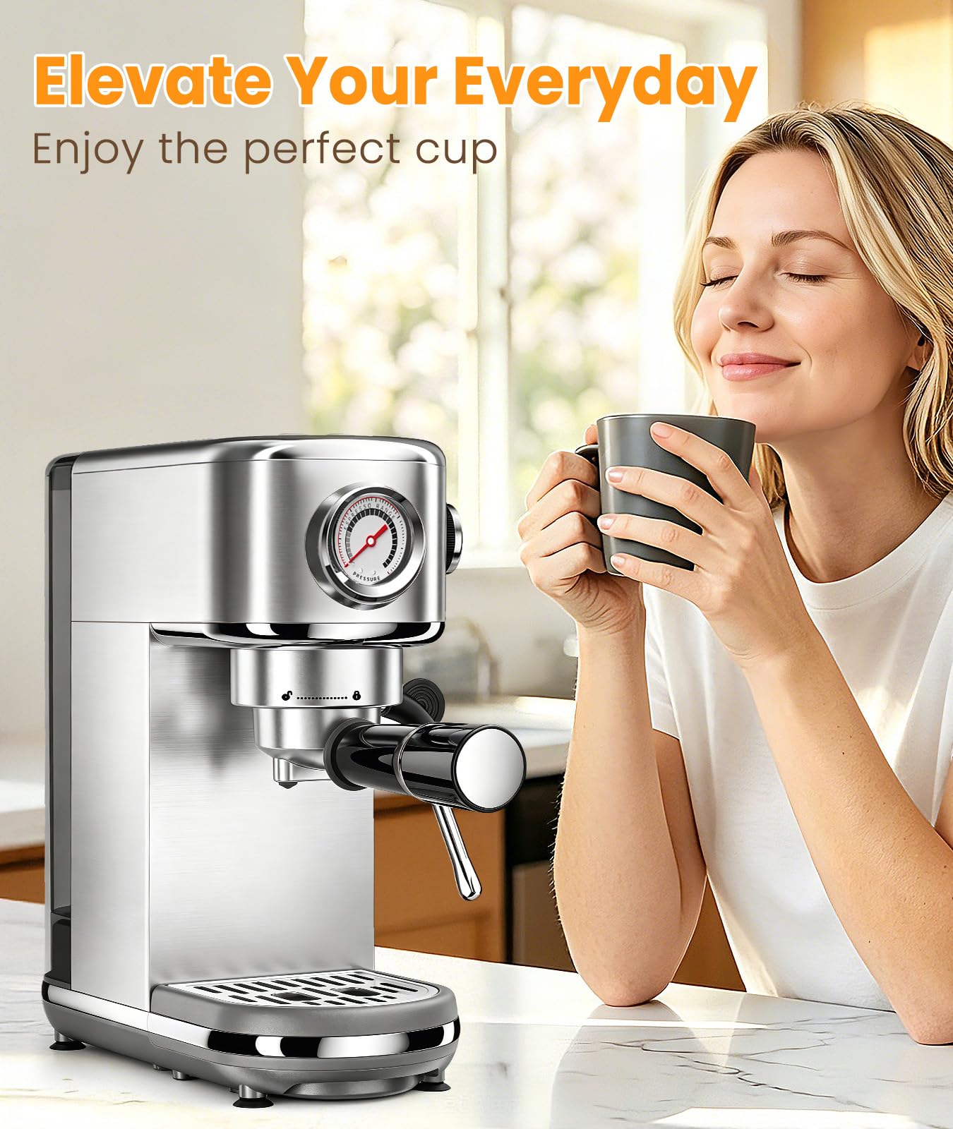 atatix Espresso Machine with Milk Frother, 20 Bar Pressure Espresso Maker | with 44OZ Removable Tank, Compact Stainless Steel Coffee Machine for Home, Office, Latte, Cappuccino, Macchiato, Silver