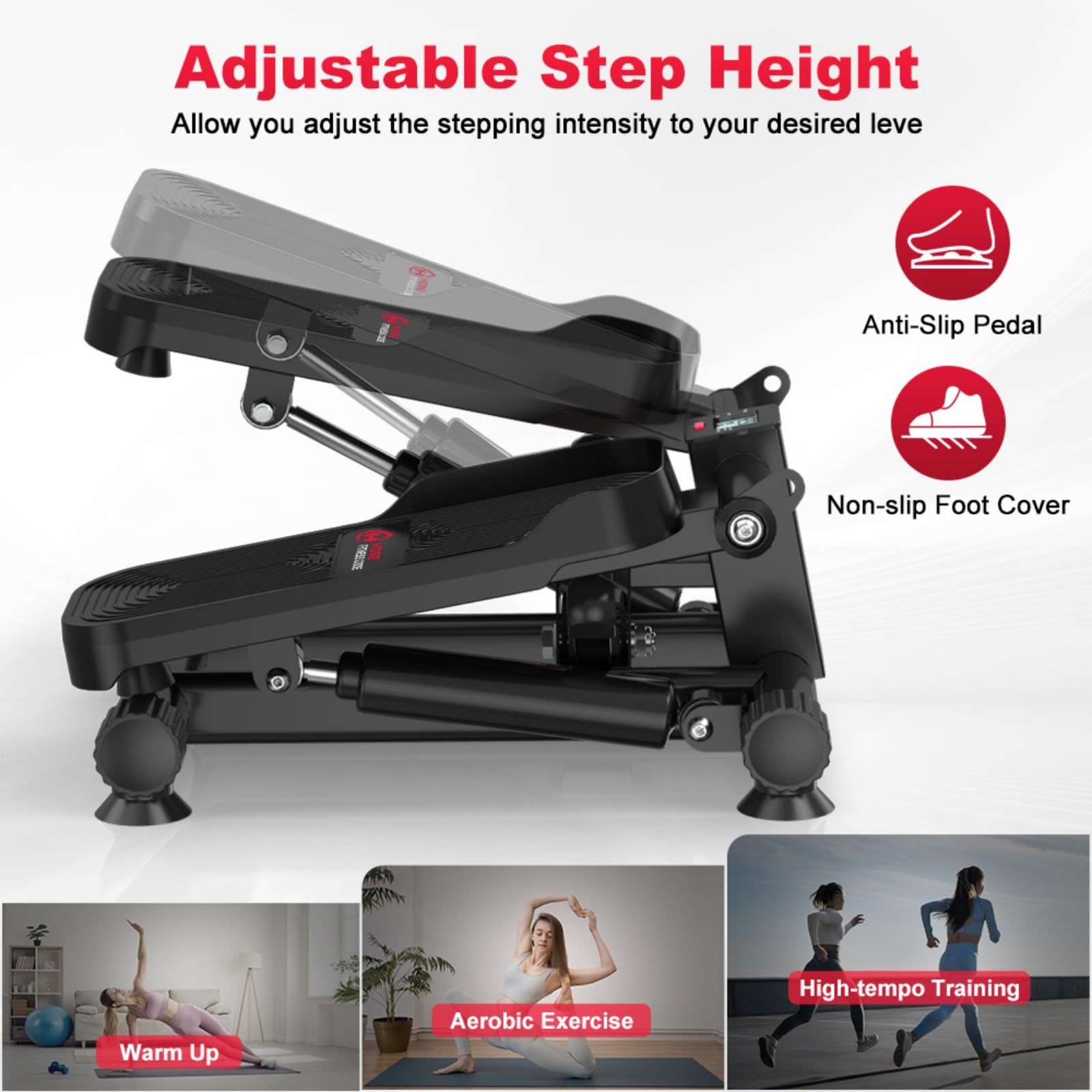Mini stepper idraulico con fasce di resistenza – Portata fino a 140 kg, silenziosa macchina step con funzionamento e intensità regolabile per tutto il corpo
