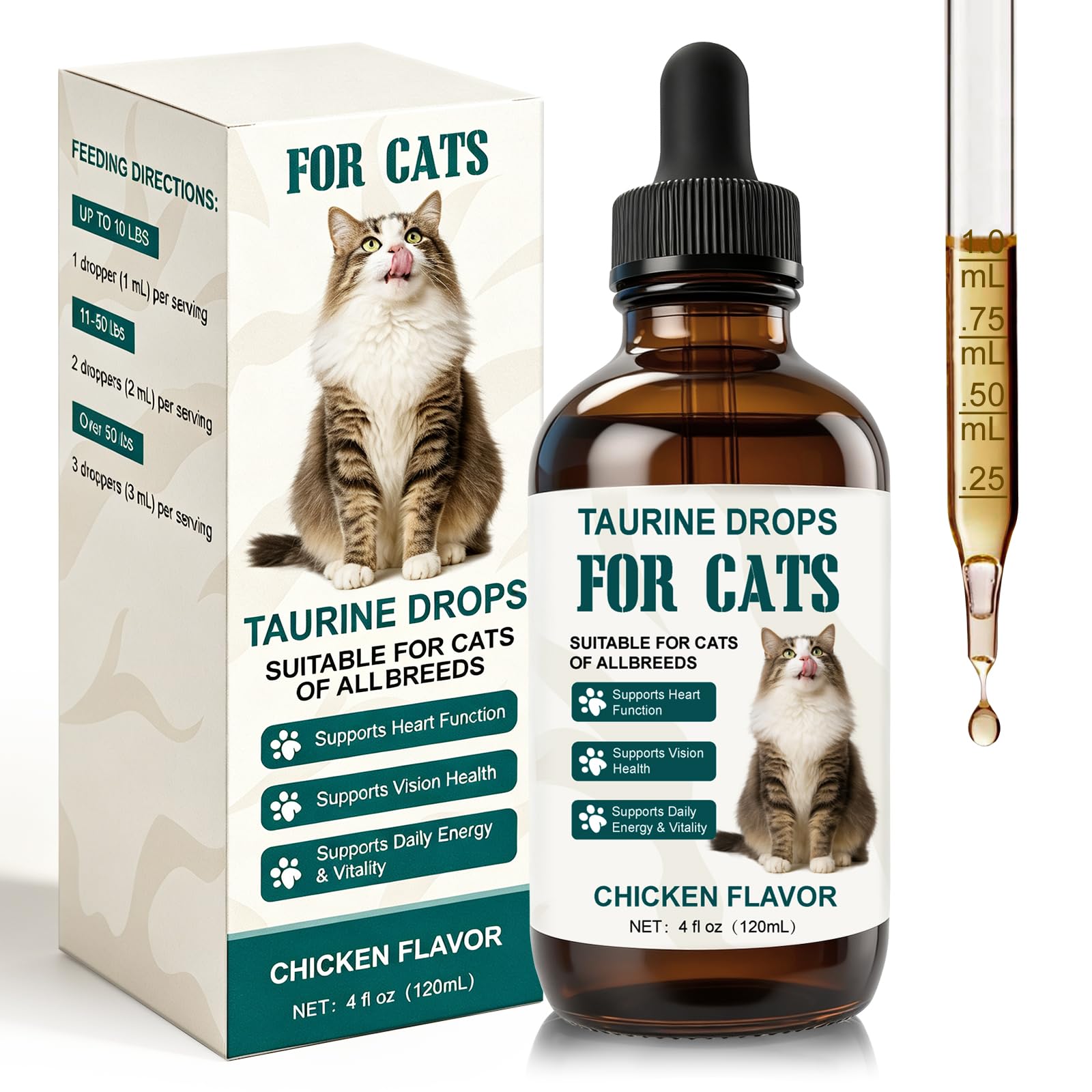 Taurine Supplement Liquid Drops for Cats, Daily Feline Nutrition, Heart Health, Vision and Immune Support, Easy-to-Mix Formula