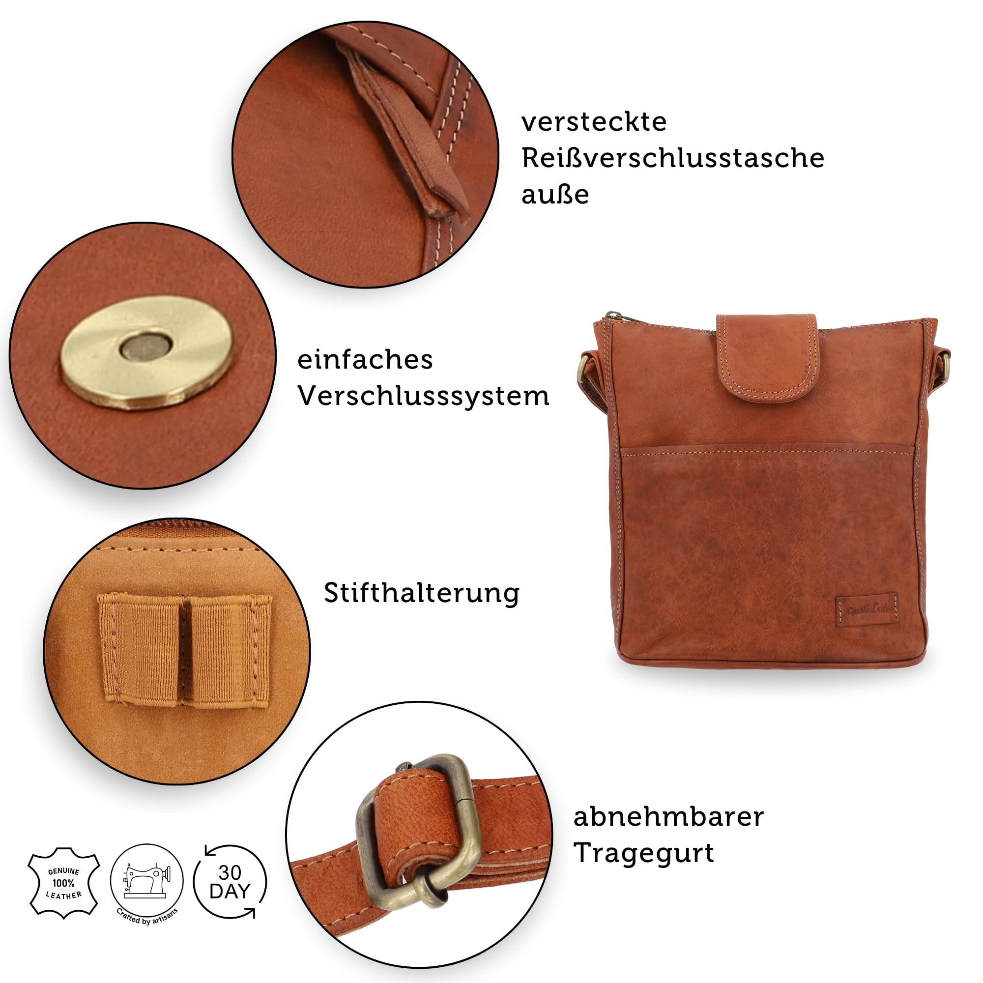 Gusti Leder Umhängetasche - Jaqueline S Vintage Shopper Leder, Crossbody Bag Damen aus echtem Ziegenleder, verstellbarer Riemen, Braun