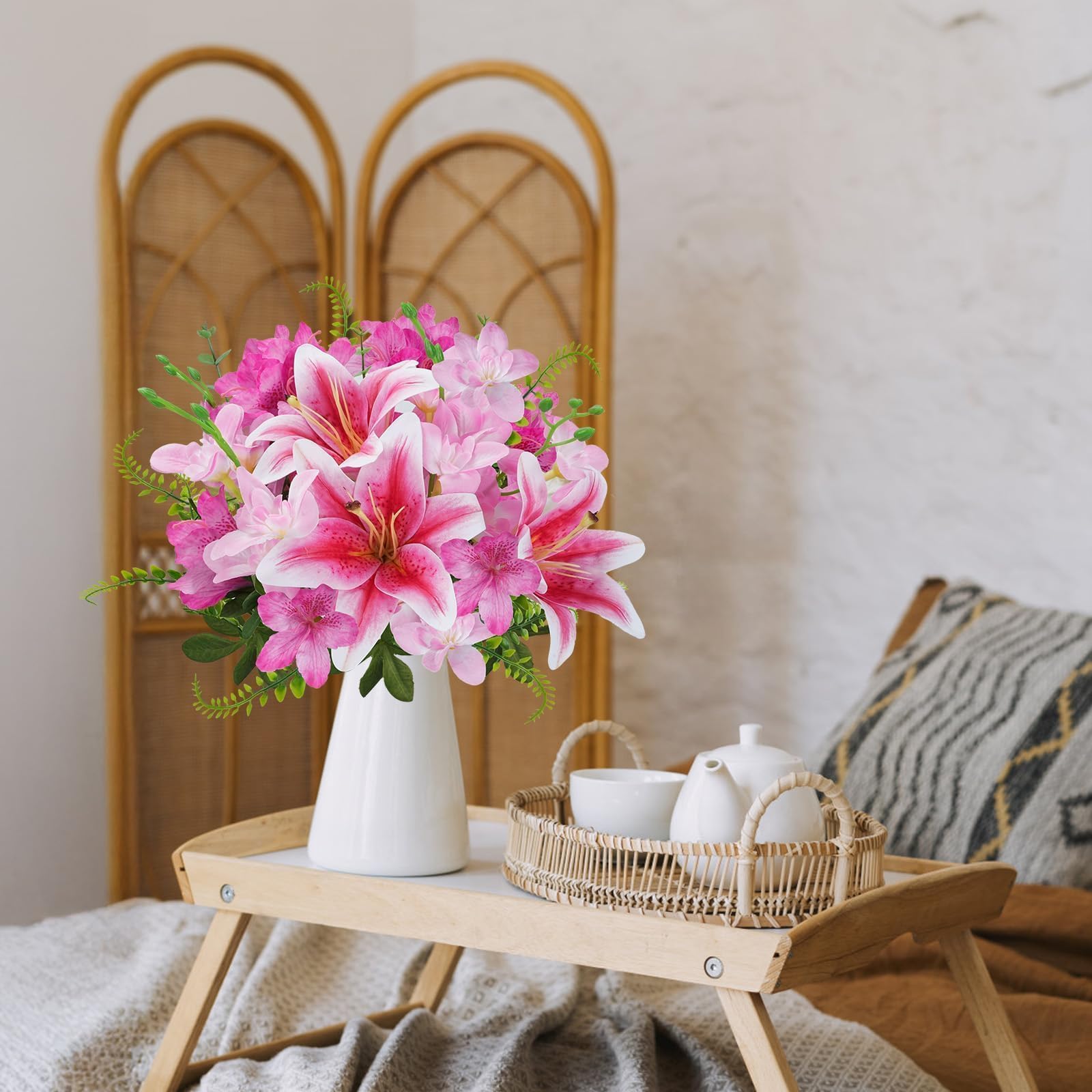 Zythrem Artificial Lilies Flowers Pink Fake Lily Flowers Mix Orchids Faux Spring Flowers Realistic Silk Lily Flower Bouquet for Wedding Party Table Floral Arrangement Home Hotel Office Decoration - Image 3