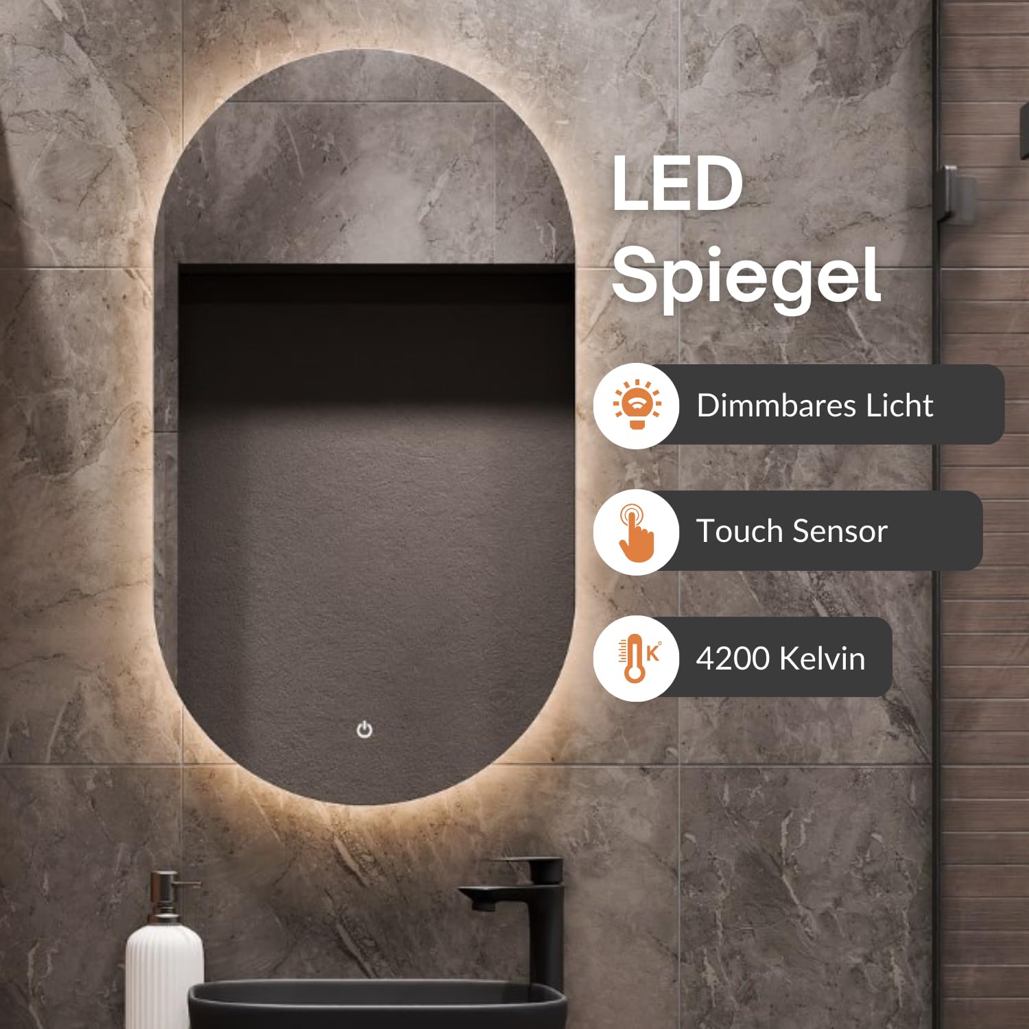 Planetmöbel Astra Badmöbel Set mit Waschtisch 60 cm mit 1x Seitenschrank Gold Eiche Anthrazit, Aufsatzwaschbecken 42 cm schwarz, Spiegel (mit LED) 50cm