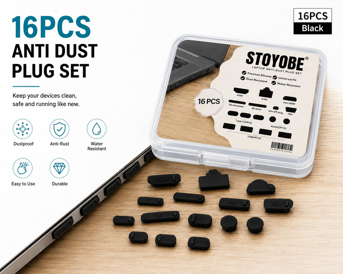 16-Pack Universal Laptop Anti-Dust Plugs, Silicone Port Covers for Lenovo/HP/Dell/Acer/Asus, Dust Proof Protector for USB-C, HDMI, USB, Ethernet, SD Card Slots (Black) — Amazon image 2