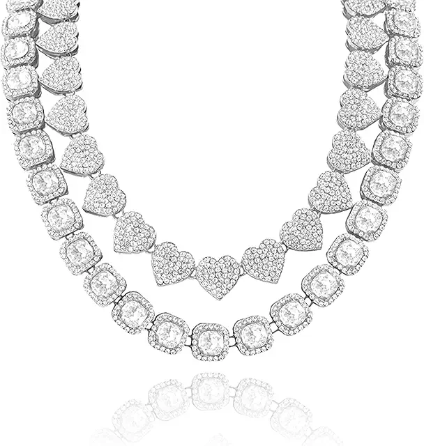 Diamond Heart Necklace Set: Clustered Tennis Chain with Cuban Link & Choker