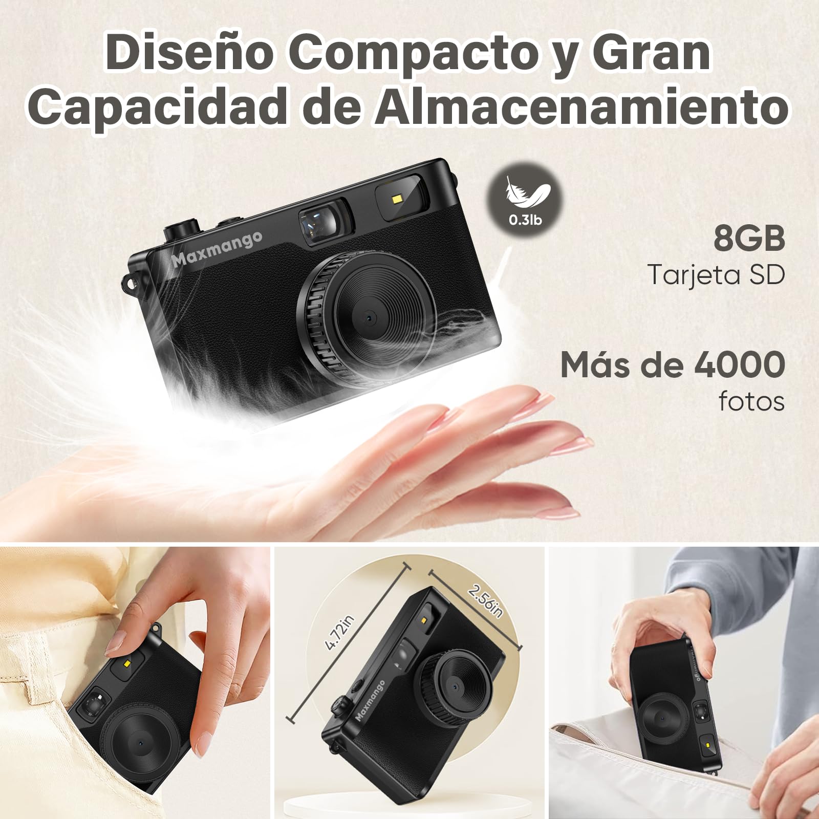 Maxmango D53 Cámara Digital de Estilo Retro sin Pantalla, 12 MP Filtros DIY, Cámara Digital compacta sin Pantalla con Tarjeta SD de 8 GB para 4000 Fotos (Negro) - 5