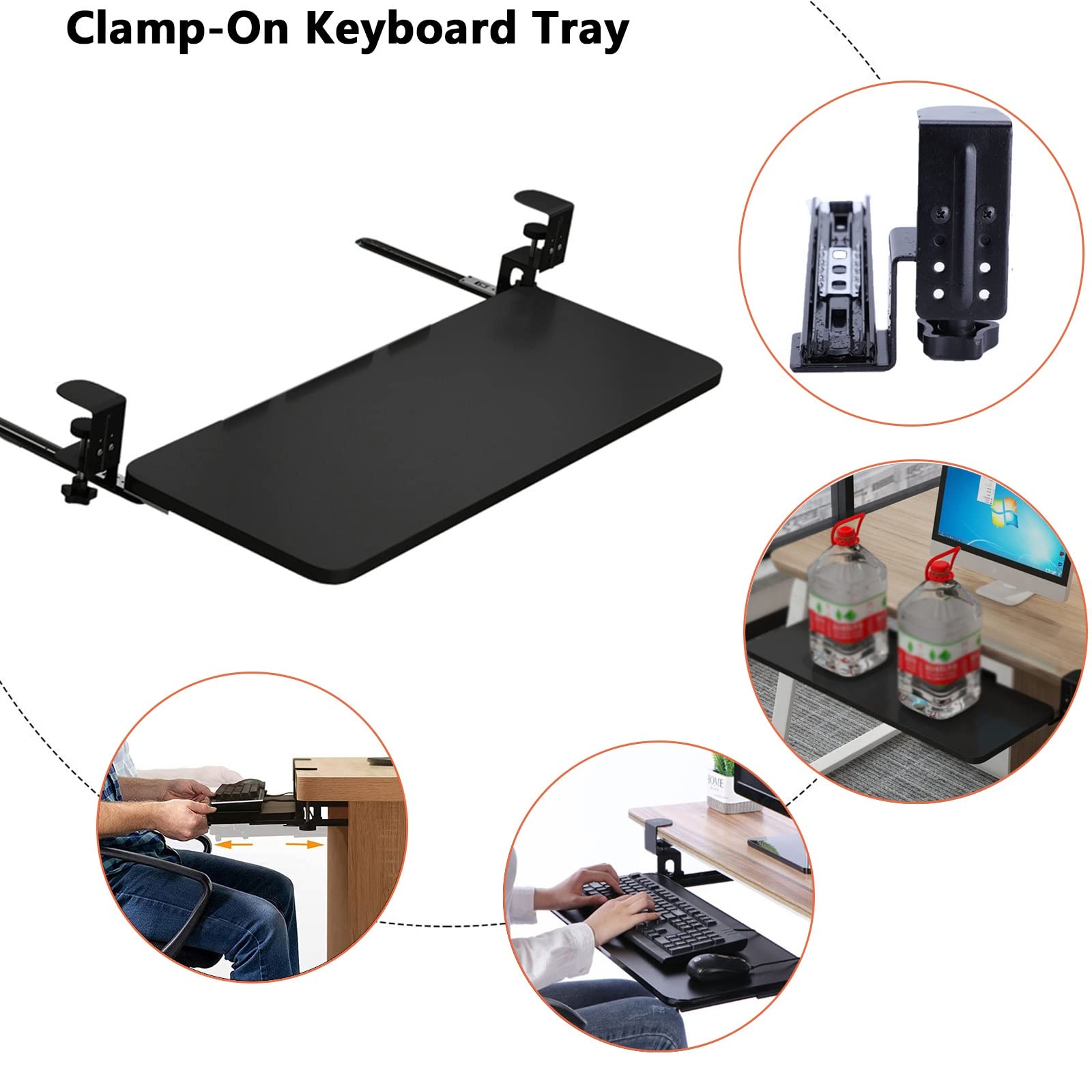 Ergonomiczna drewniana szuflada na klawiaturę z regulowaną wysokością i zaciskiem na podkładce pod klawiaturę, na biurko, 4 kolory, idealna do domu, biura, szkoły, pisania, gier, wykończenie orzechowe