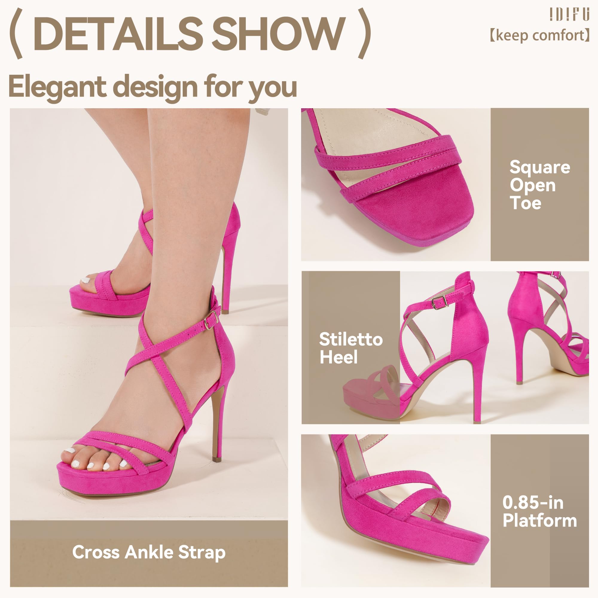 IDIFU IN4 Platform High Heels for Women Strappy Heeled Sandals Square Toe Heels Stiletto Heels Women's Wedding Party Bridal Sexy Dress Shoes Open Toe Heels: 7 Hot Pink Suede