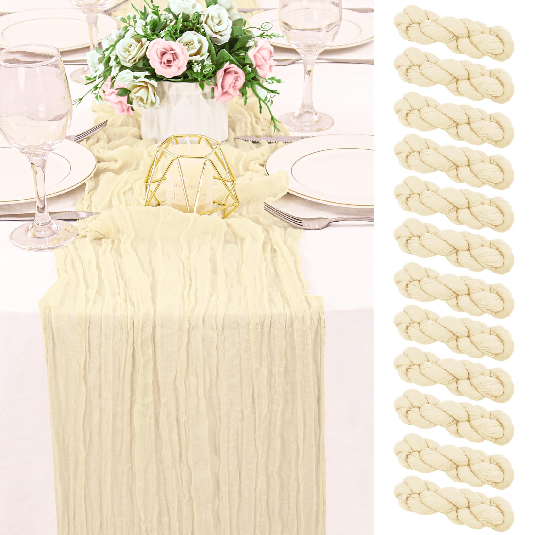 12 Pack 120 Inch Beige Cheesecloth Table Runner Boho Rustic Gauze Sheer Romantic 10 FT Long Cheese Cloth Table Runner for Bridal Baby Shower Wedding