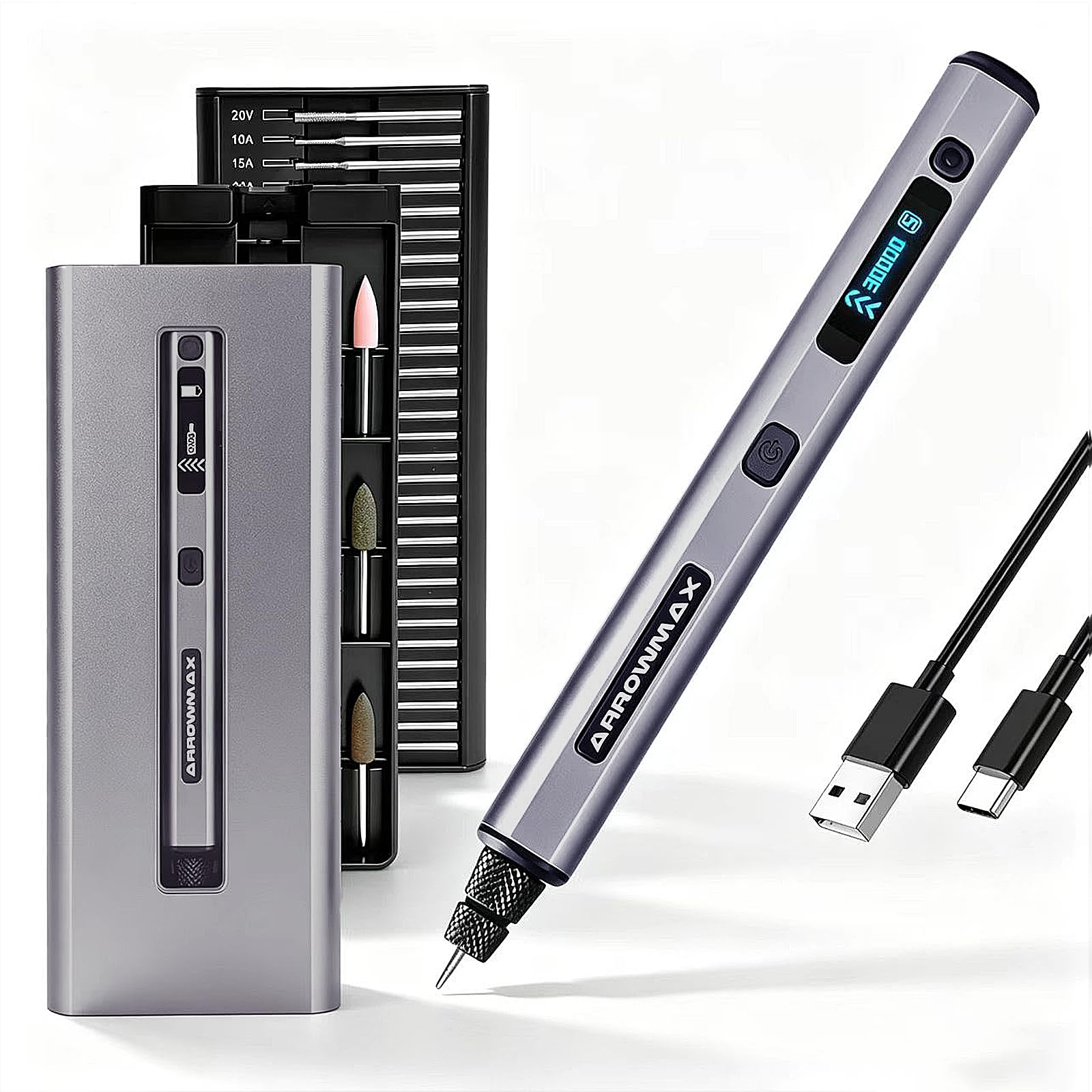 ARROWMAX Mini herramientas multifunción con OLED, 30000 rpm, lápiz de grabado con 30 puntas para metal, madera, vidrio y plástico, juego de grabado para adolescentes, adultos y principiantes