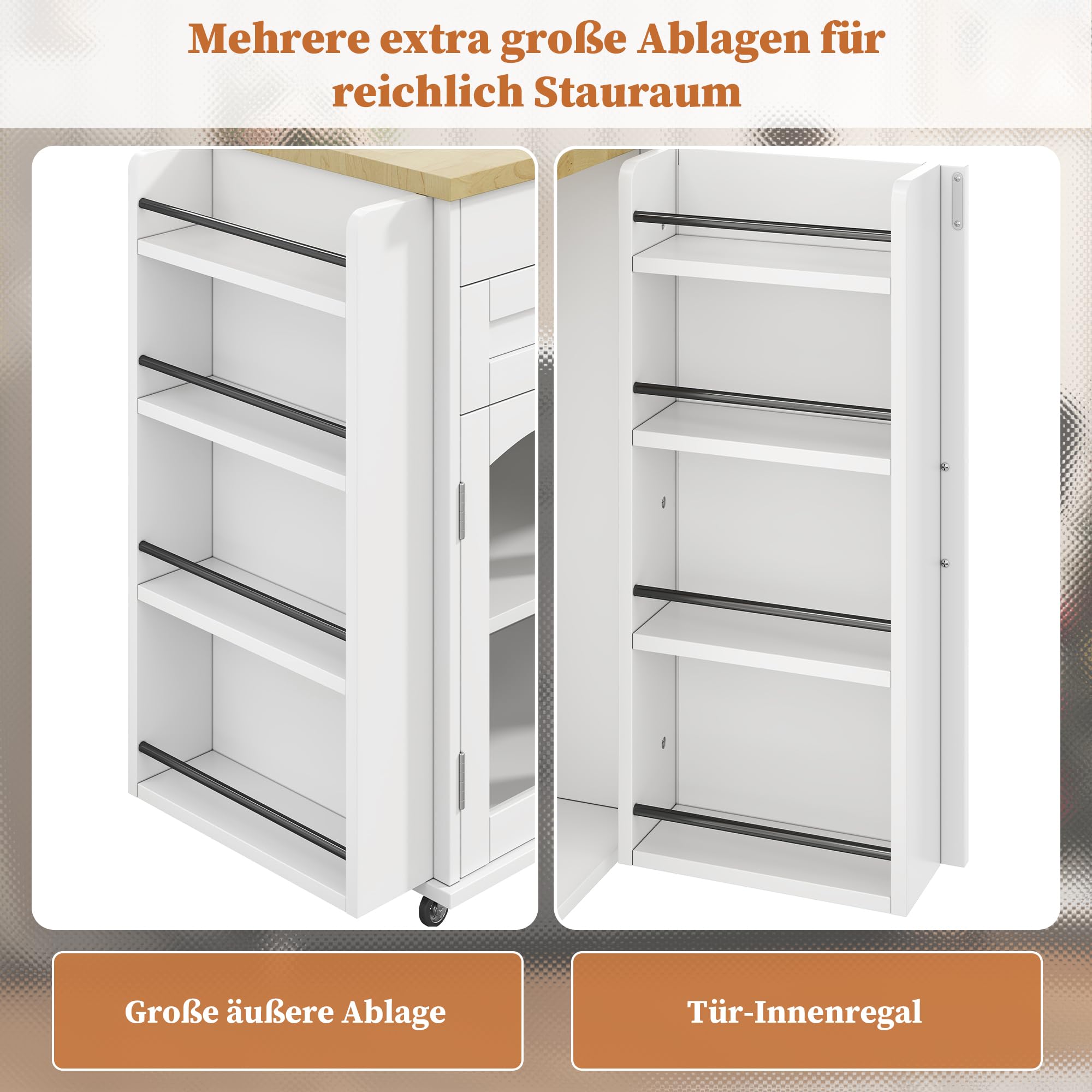 Merax Îlot de cuisine mobile avec plan de travail pliable, chariot de cuisine sur 5 roulettes avec frein, étagère à épices et tiroir, îlot de cuisine avec beaucoup d'espace de rangement, 120 x 45 (70
