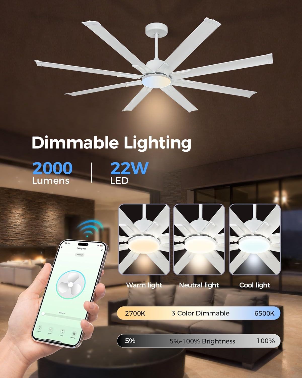 72In White Aluminum Ceiling Fan with Light,Smart ceiling fan with Alexa and APP(via WIFI),6 Speed,3CCT,Quiet DC Outdoor Indoor fan for patio and Living Room