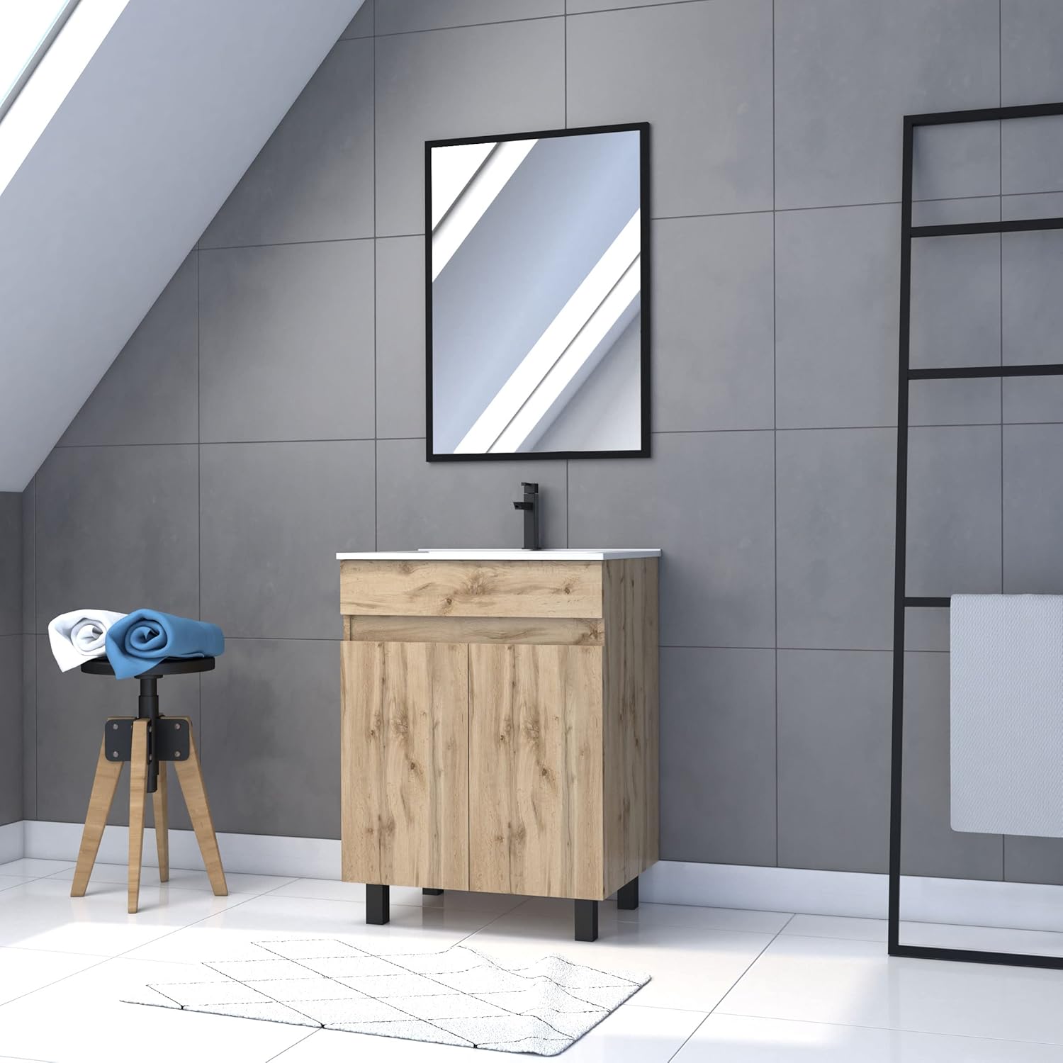 60cm x 80cm Natural Oak Bathroom Cabinet with 2 Doors/Basin/Mirror