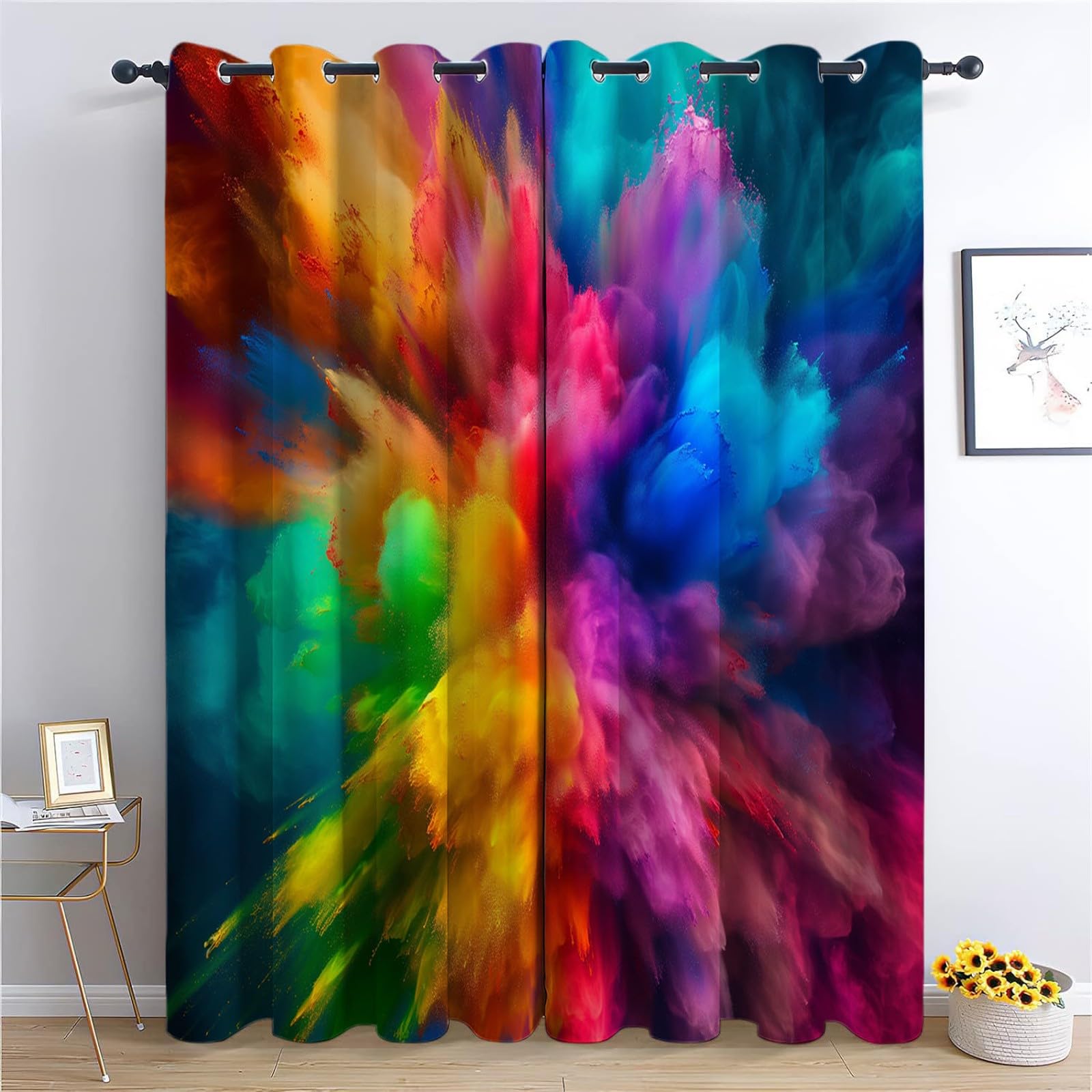 Cortina Opaca para Ventana Dormitorio, Cortinas Salon Modernas para Infantiles Juvenil Agua Coloreada Manchas de Colores 234 x 138 cm Colores del Arcoiris, Opacas Termicas Aislantes Frio y Calor