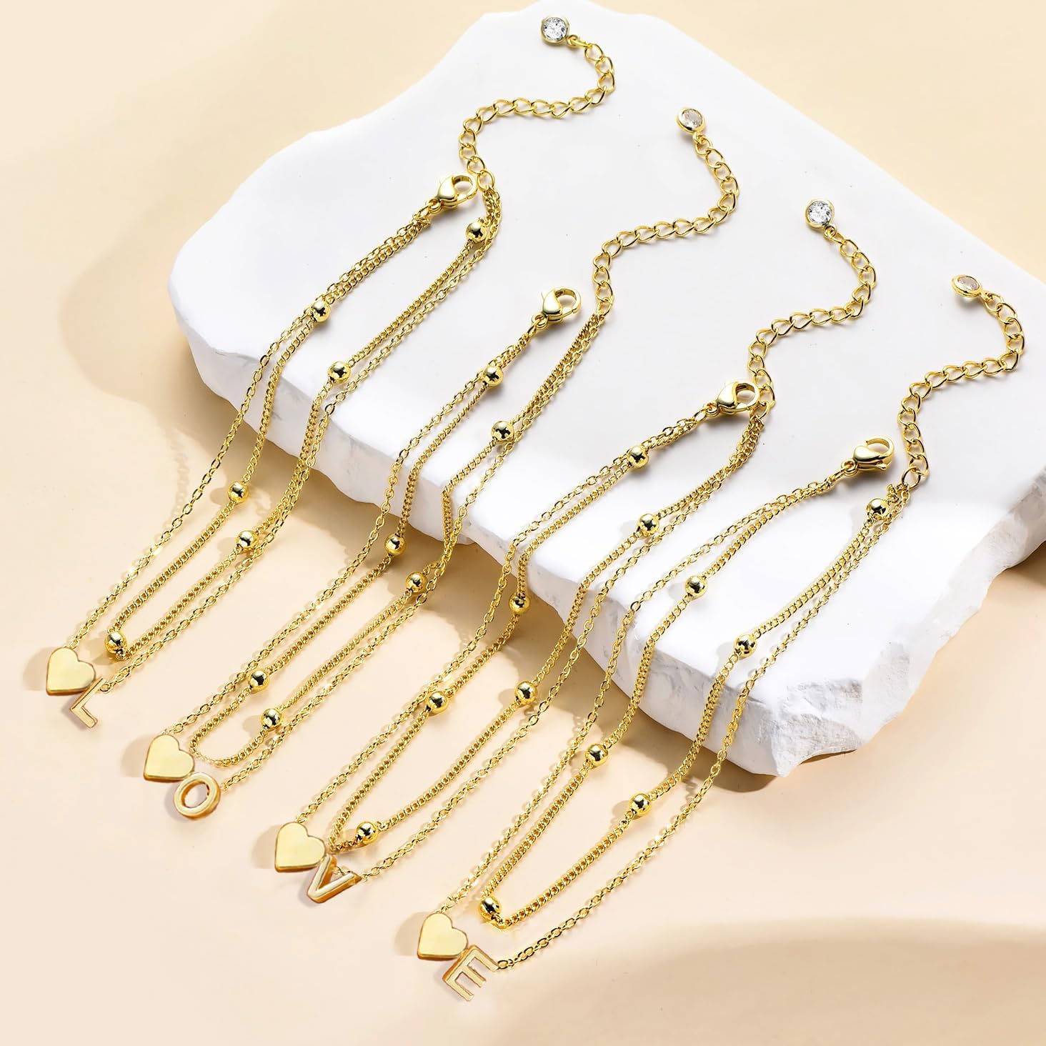 Gold Initial Ankle Bracelets for Women Waterproof 14K Gold Plated A-Z Heart Anklets for Women Layered Women's Anklets Plus Size Ankle Bracelet Summer Beach Jewelry - Image 8
