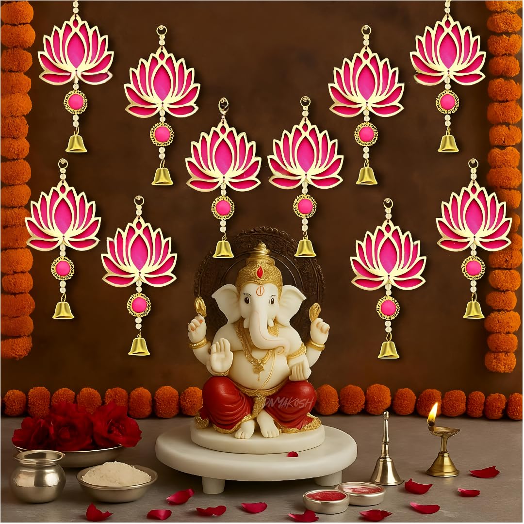 Floroom Lotus Hangings for Decoration Set of 8 Strings | Floral Wall Hangings with Decorative Bell |Hangings/Garland for Door Entrance |Color -Red |