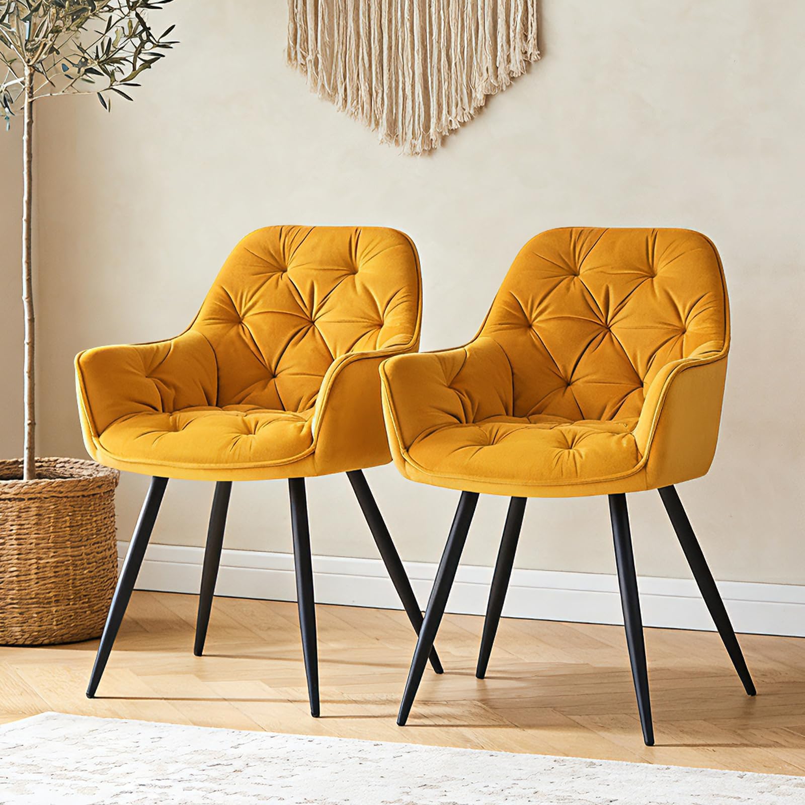 ZOONFA Upholstered Dining Chairs Set of 2 with Thick Padded Velvet Kitchen Tub Chair with Backrest Armchairs with Black Metal Legs Accent Chairs for Living Room Office (Yellow)
