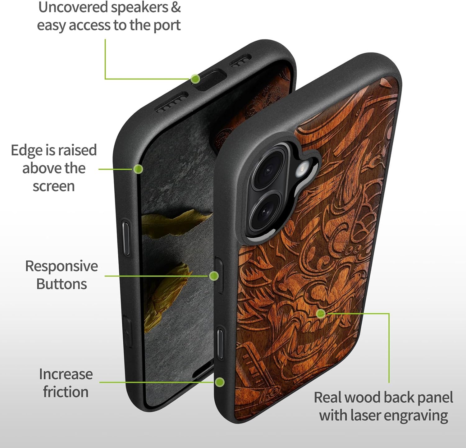 Carveit Magnetic Wooden Case for iPhone 17 Case, Wood Artisan Engraved & Black Soft TPU Shockproof Cover, Compatible with MagSafe Wireless Chargers (Devil's Fury) Rosy